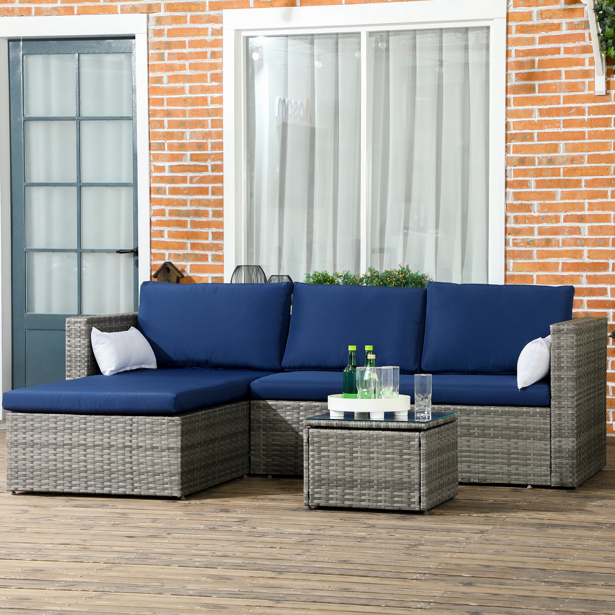 Rattan Patio Sofa Set 3pc - Navy Blue Wicker-DECOROLALA