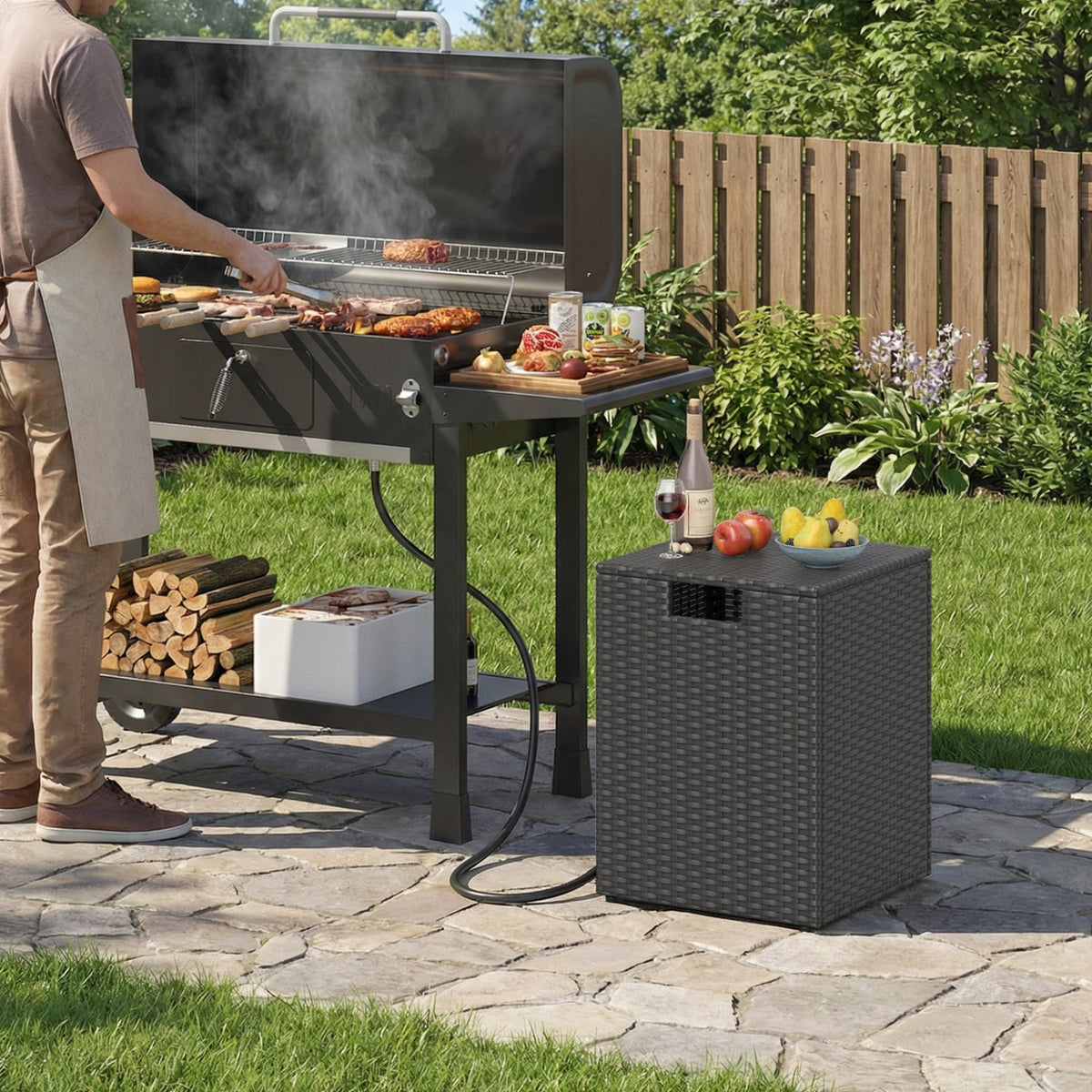 Rattan Propane Tank Cover Patio Hideaway Tank Side Table-Black-Fire Pit Tables-DECOROLALA