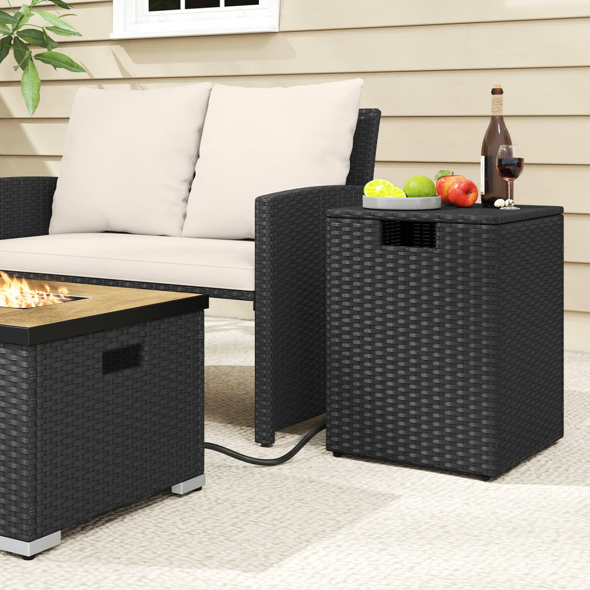 Rattan Propane Tank Cover Patio Hideaway Tank Side Table-Black-Fire Pit Tables-DECOROLALA