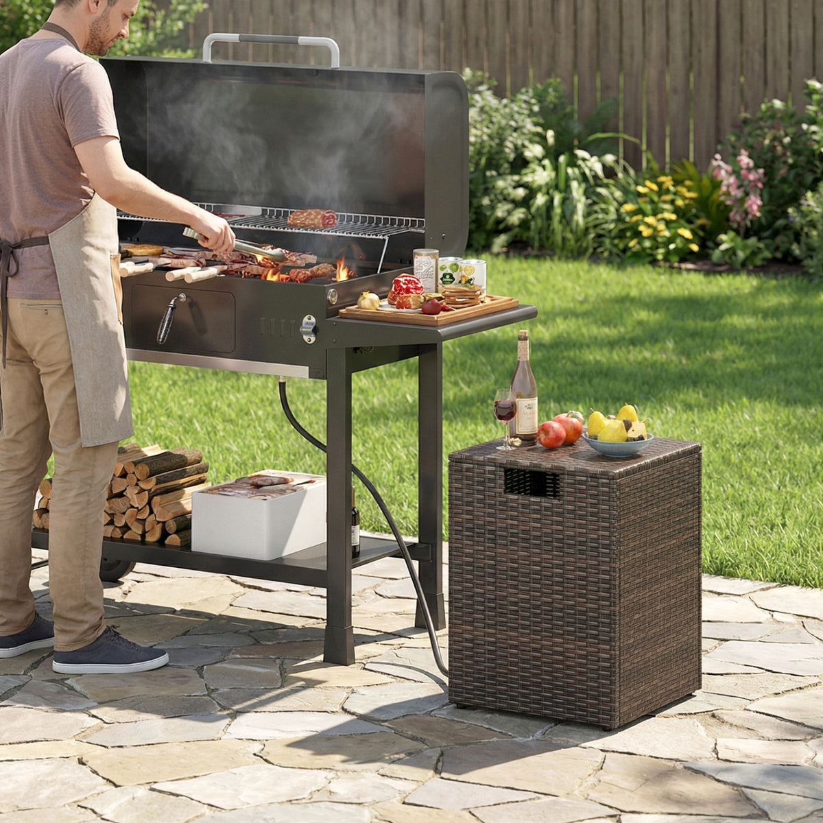 Rattan Propane Tank Cover Patio Hideaway Tank Side Table-Brown-Fire Pit Tables-DECOROLALA
