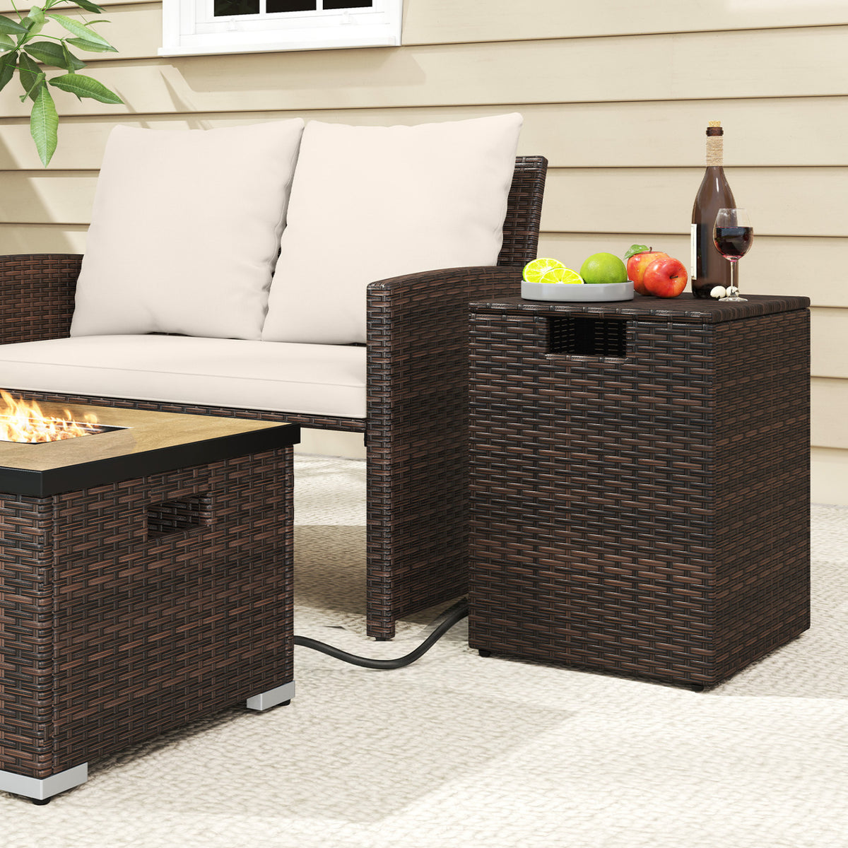 Rattan Propane Tank Cover Patio Hideaway Tank Side Table-Brown-Fire Pit Tables-DECOROLALA