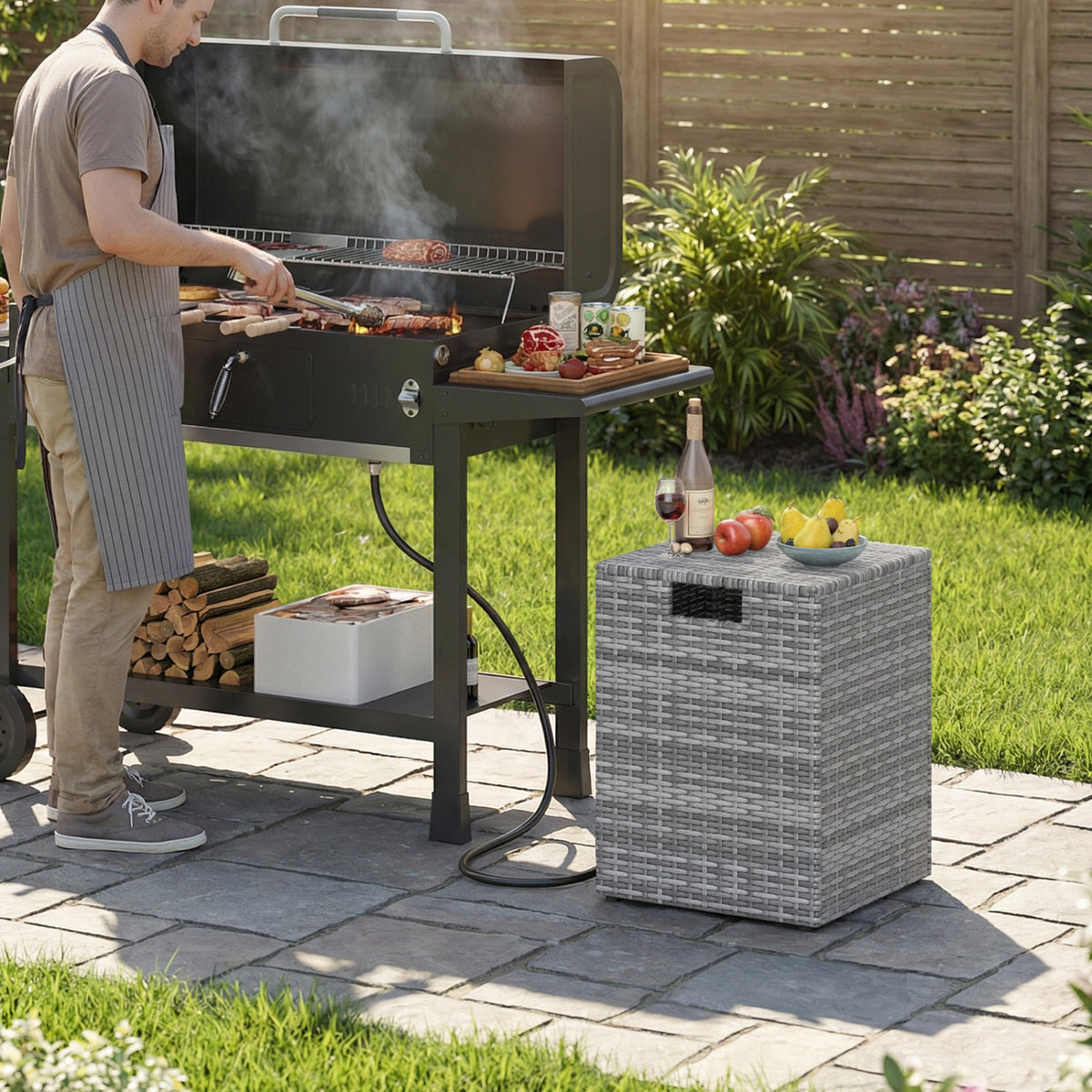 Rattan Propane Tank Cover Patio Hideaway Tank Side Table-Gray-Fire Pit Tables-DECOROLALA