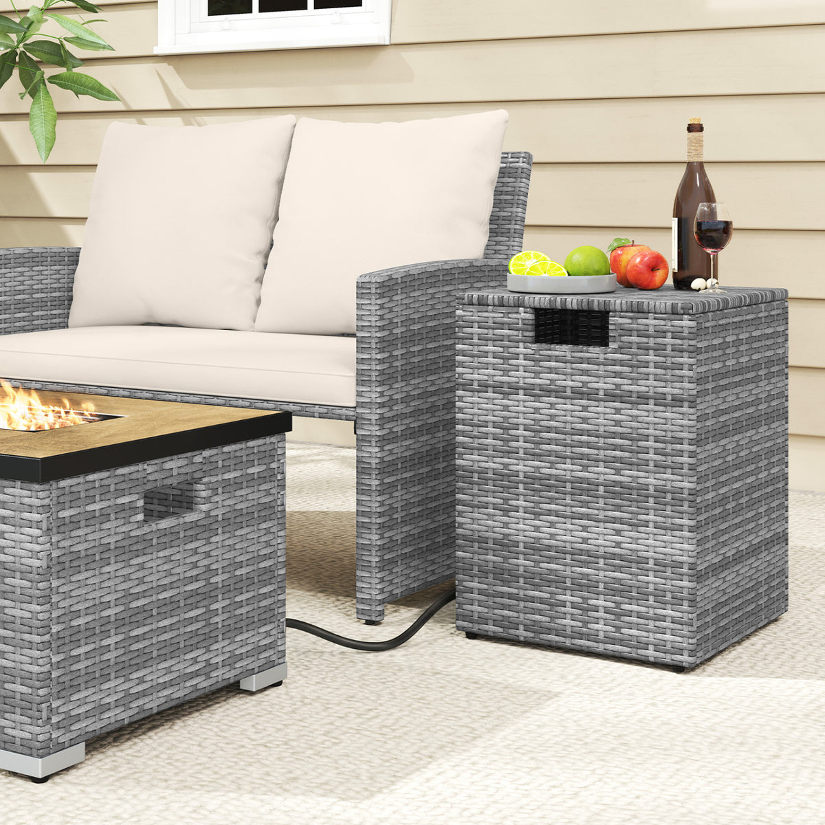 Rattan Propane Tank Cover Patio Hideaway Tank Side Table-Gray-Fire Pit Tables-DECOROLALA