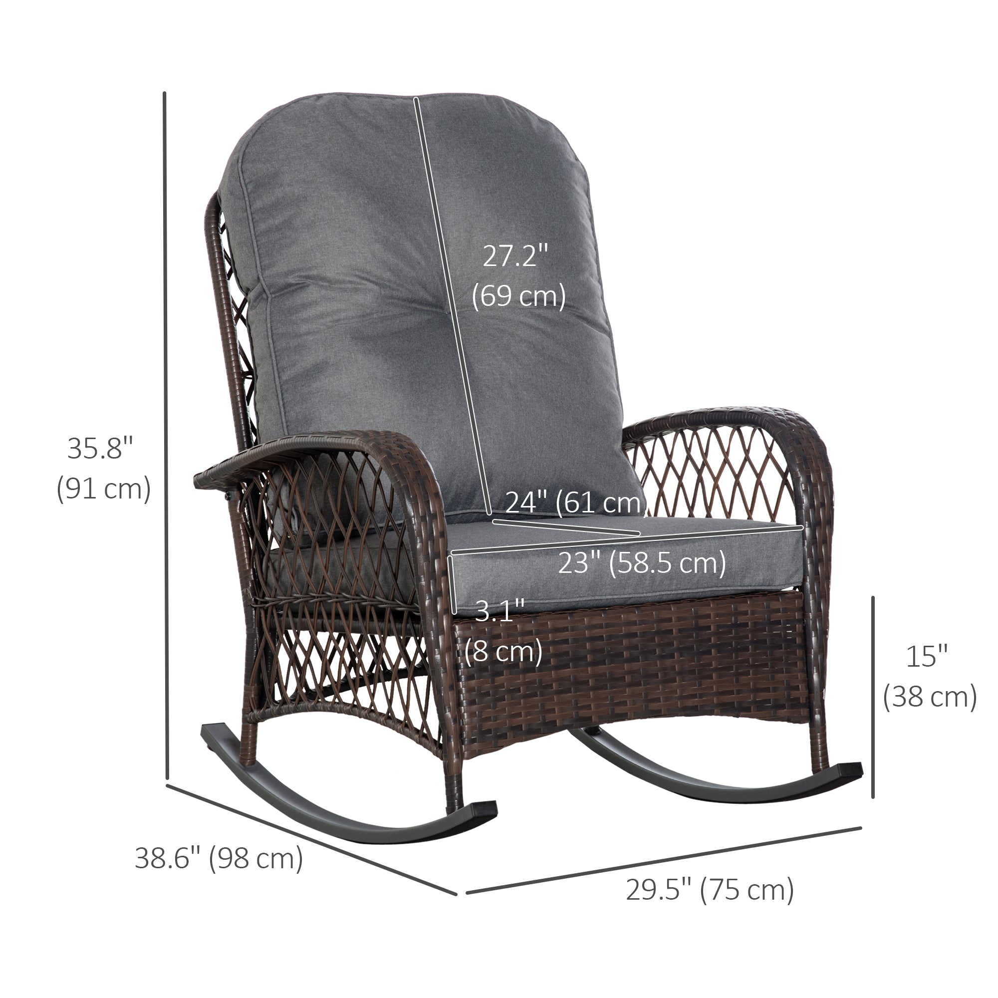 Rattan Rocking Chair - Grey Cushion Outdoor Patio Rocker-DECOROLALA