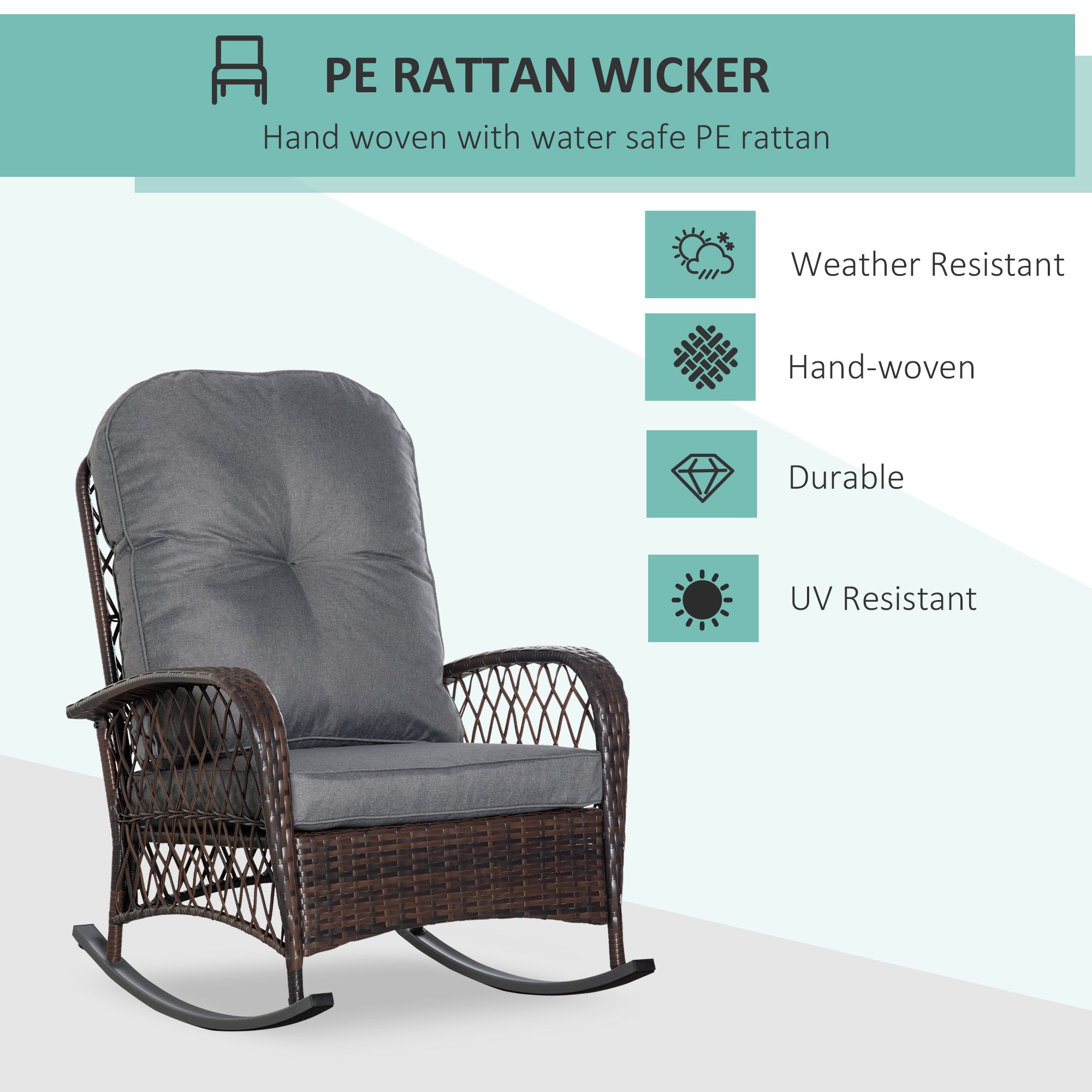 Rattan Rocking Chair - Grey Cushion Outdoor Patio Rocker-DECOROLALA