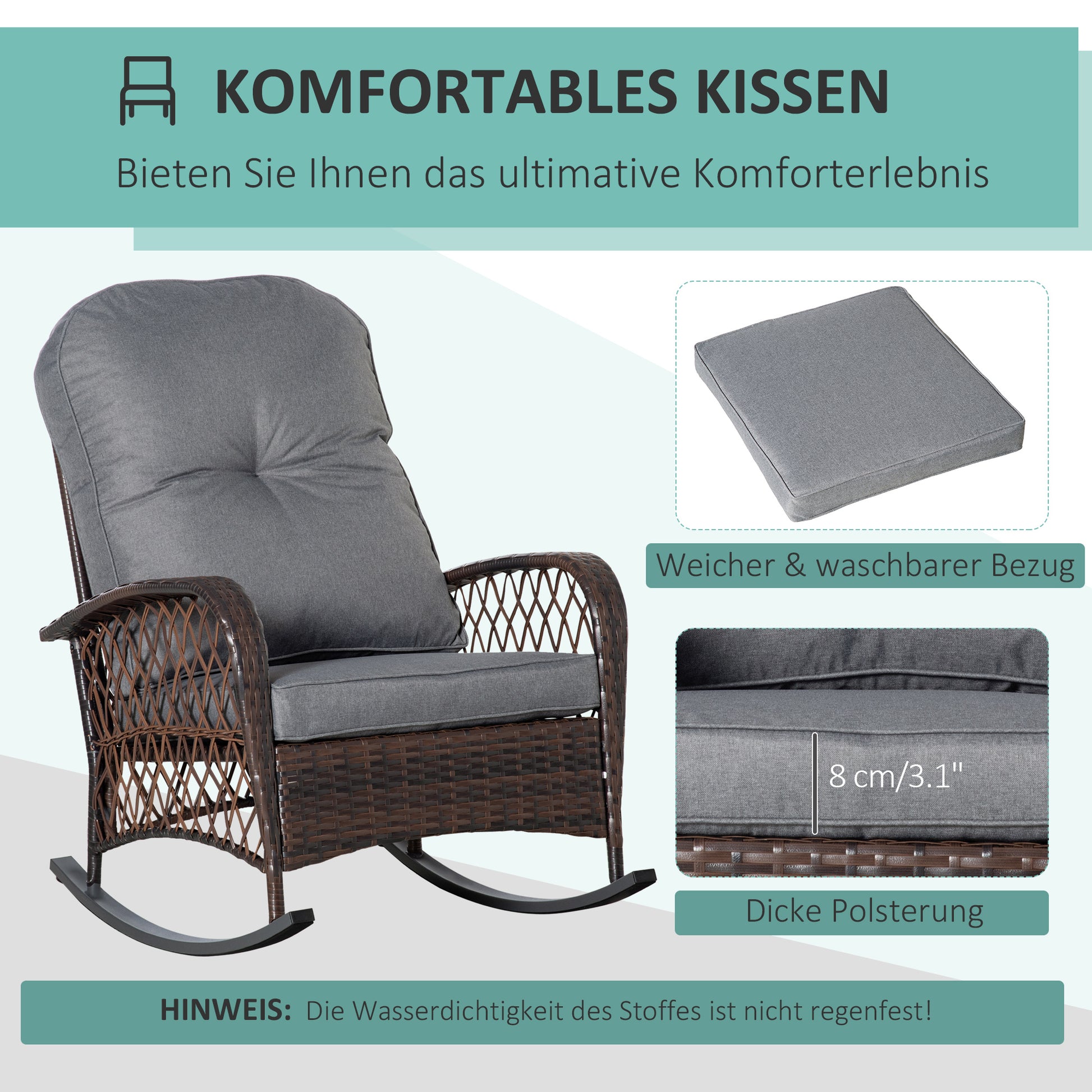 Rattan Rocking Chair - Grey Cushion Outdoor Patio Rocker-DECOROLALA