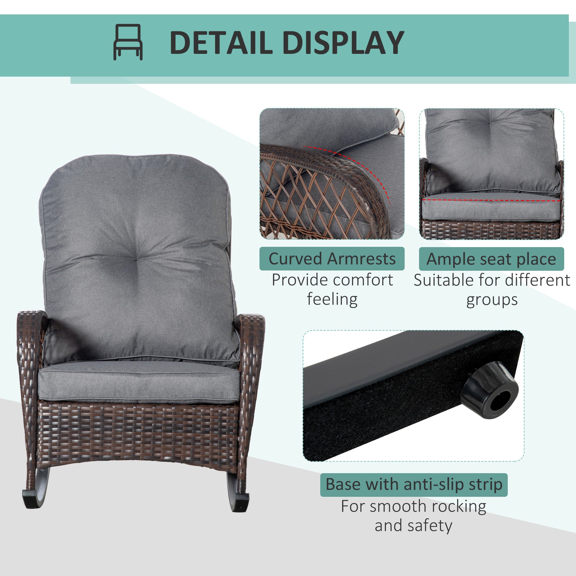 Rattan Rocking Chair - Grey Cushion Outdoor Patio Rocker-DECOROLALA