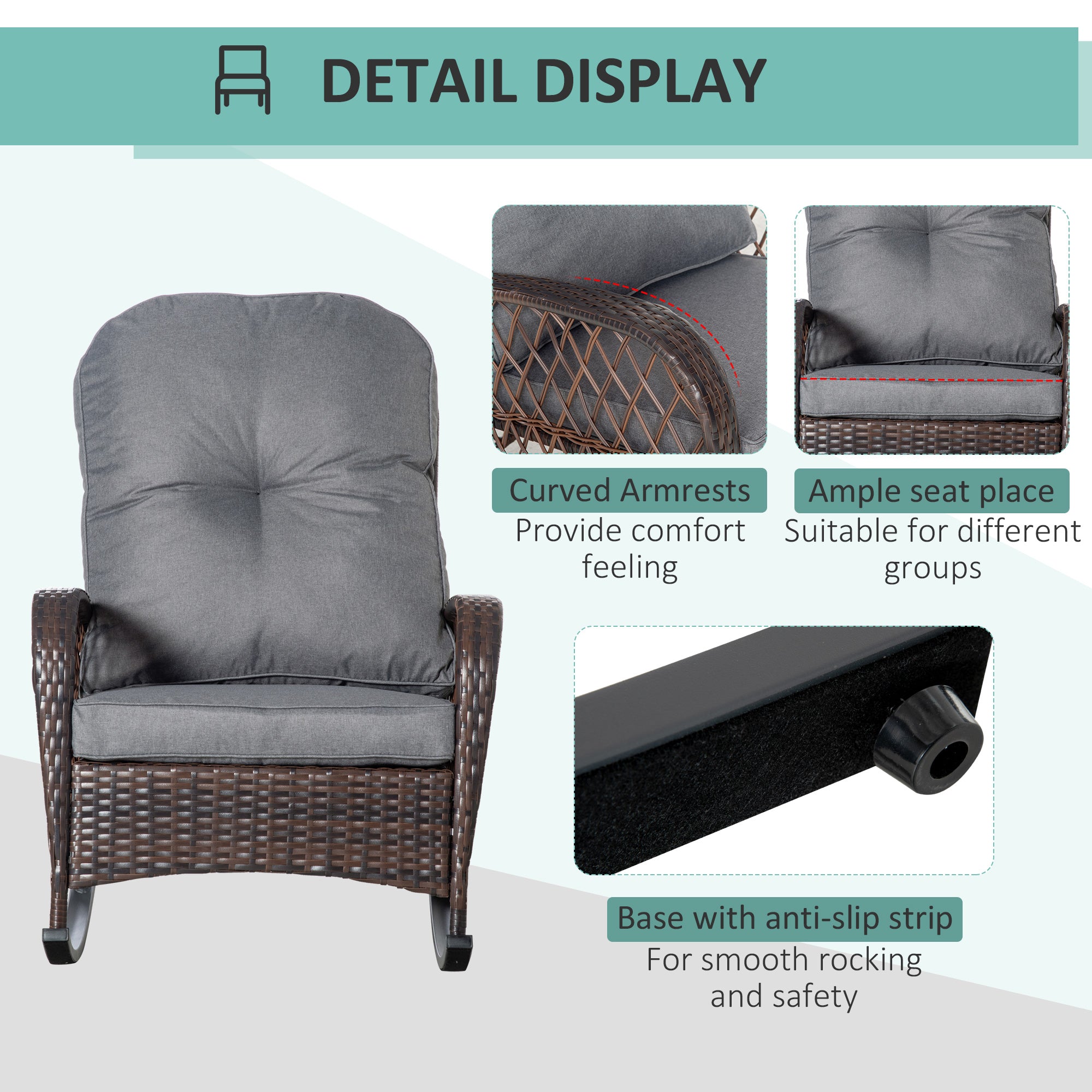 Rattan Rocking Chair - Grey Cushion Outdoor Patio Rocker-DECOROLALA