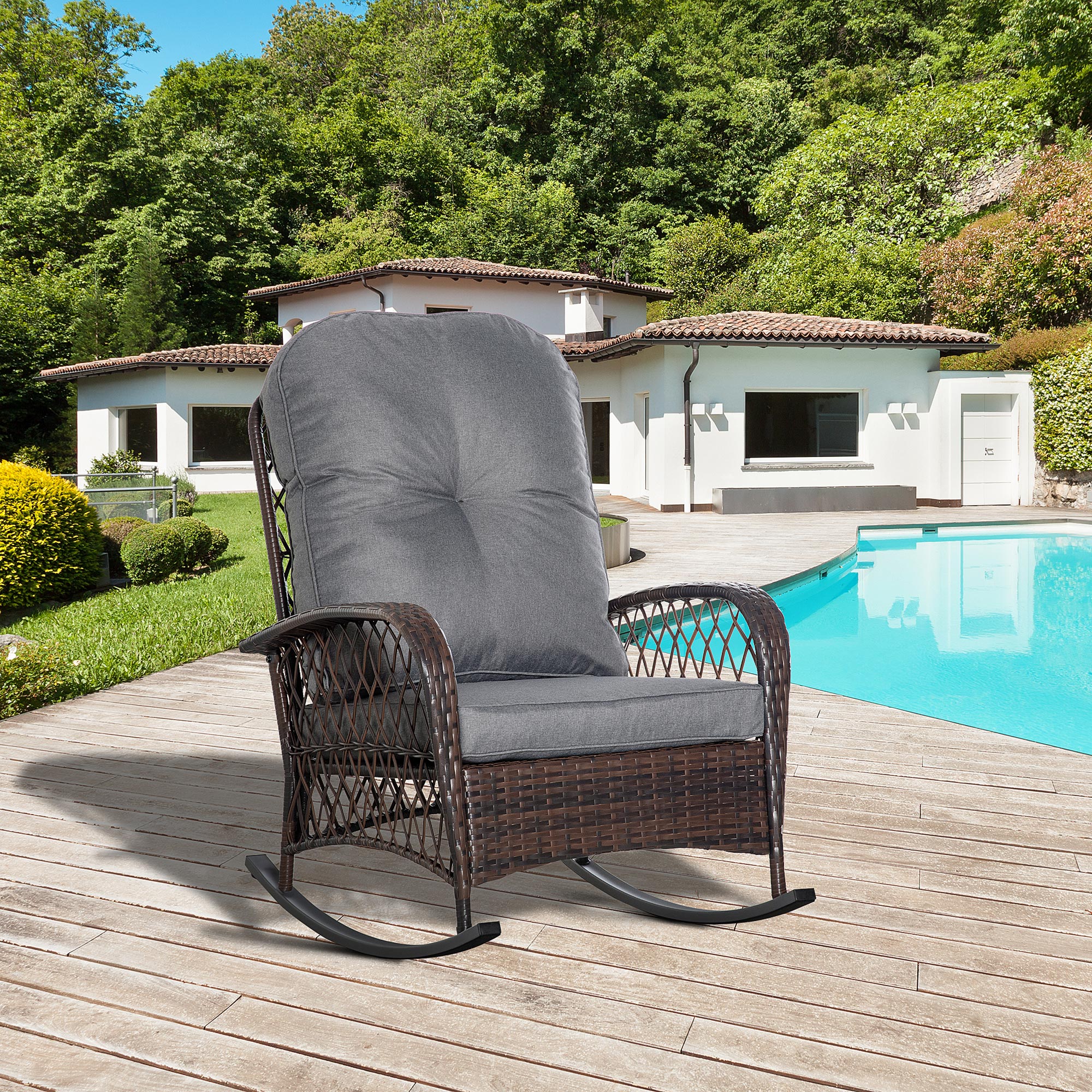 Rattan Rocking Chair - Grey Cushion Outdoor Patio Rocker-DECOROLALA