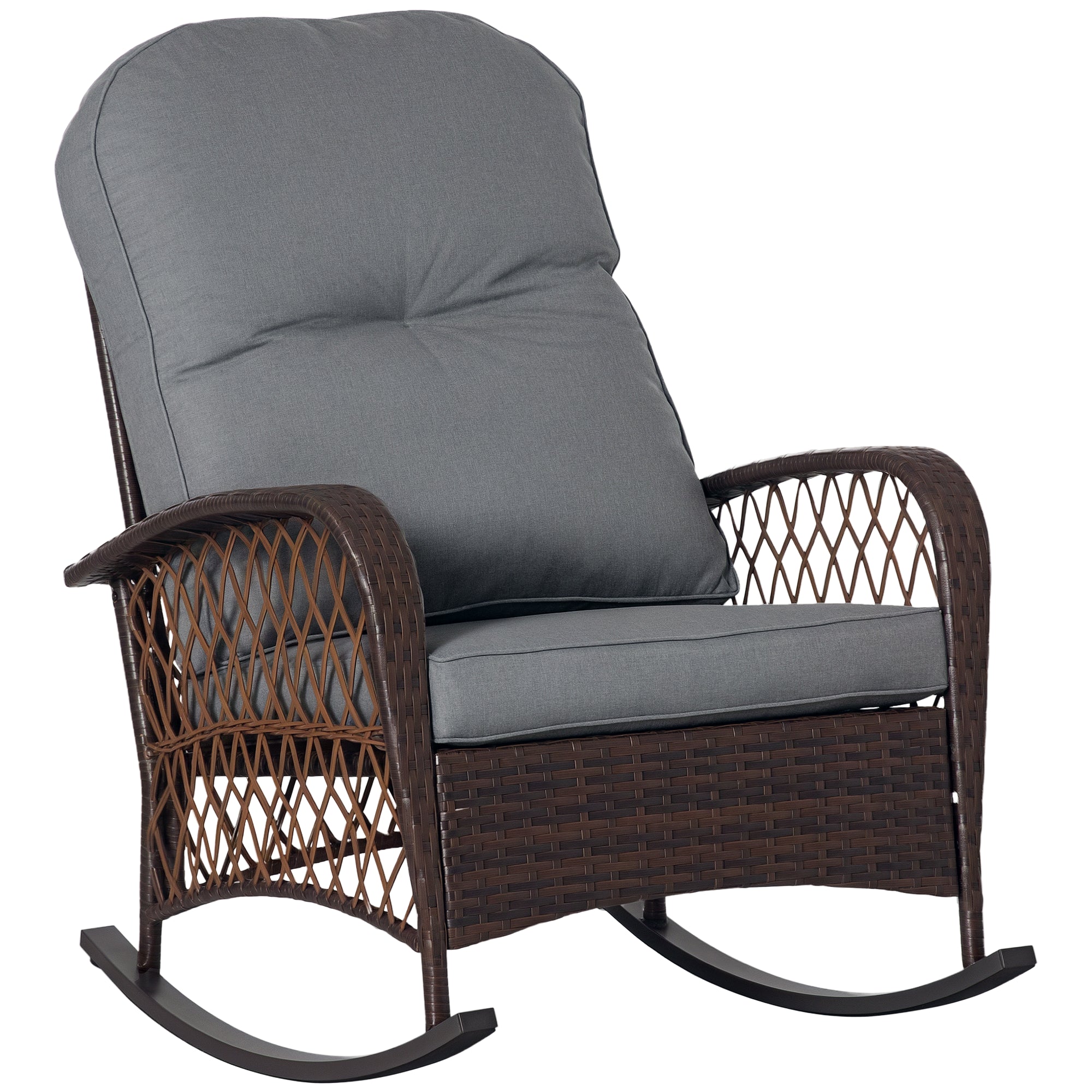 Rattan Rocking Chair - Grey Cushion Outdoor Patio Rocker-DECOROLALA