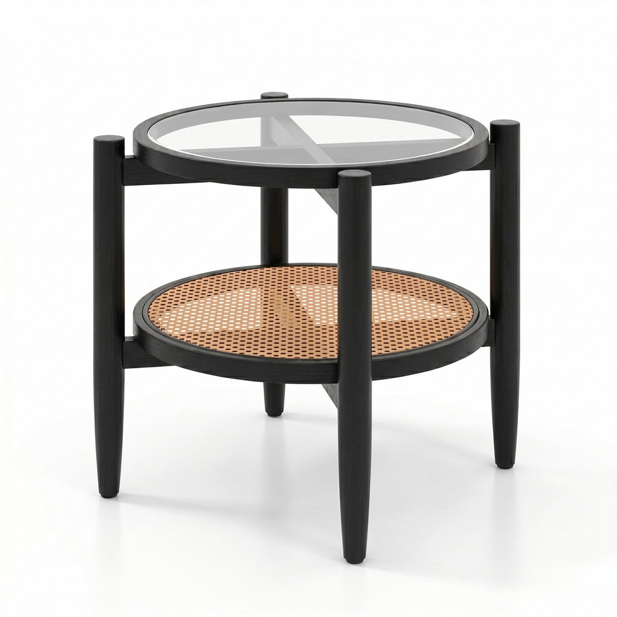 Rattan Round Side End Table with Tempered Glass Tabletop-Black-End & Side Tables-DECOROLALA