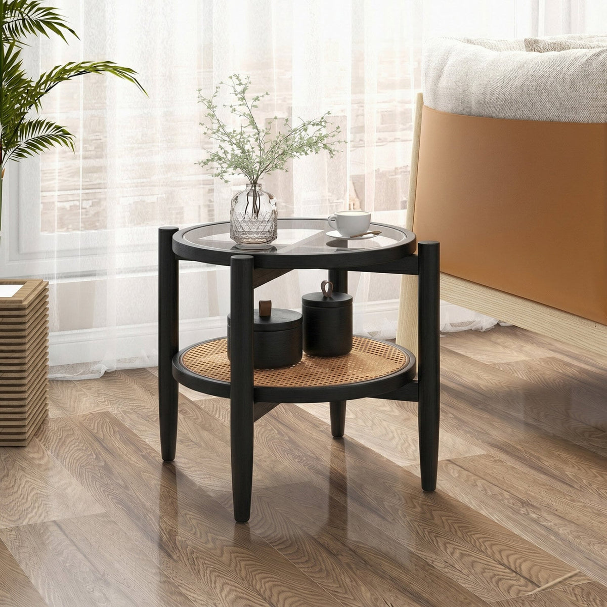 Rattan Round Side End Table with Tempered Glass Tabletop-Black-End & Side Tables-DECOROLALA