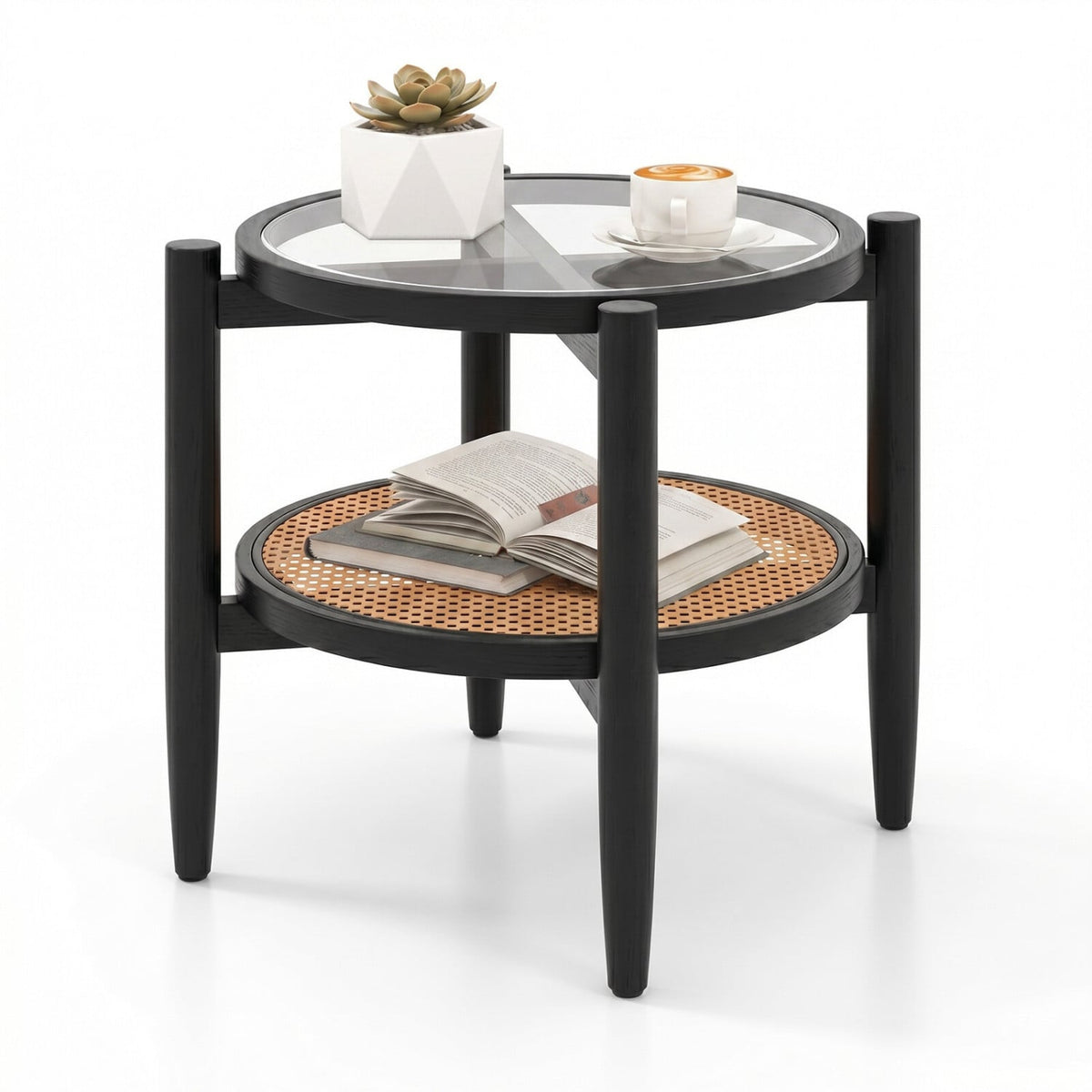 Rattan Round Side End Table with Tempered Glass Tabletop-Black-End & Side Tables-DECOROLALA
