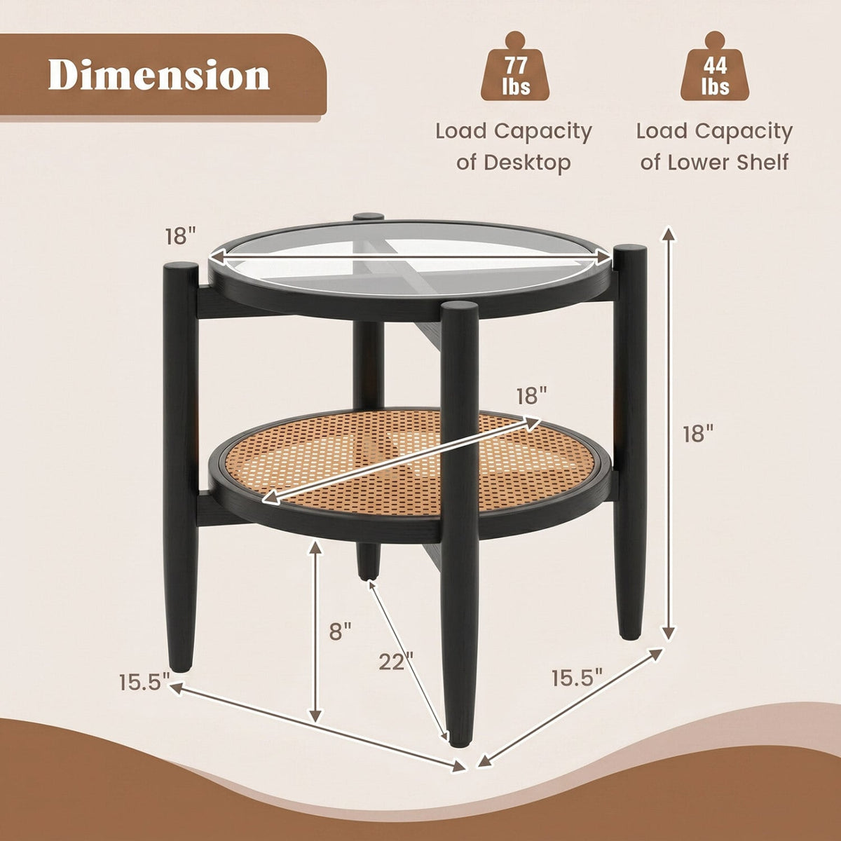 Rattan Round Side End Table with Tempered Glass Tabletop-Black-End & Side Tables-DECOROLALA