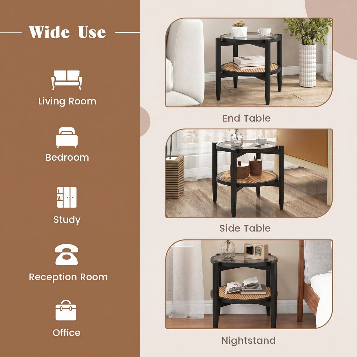 Rattan Round Side End Table with Tempered Glass Tabletop-Black-End & Side Tables-DECOROLALA