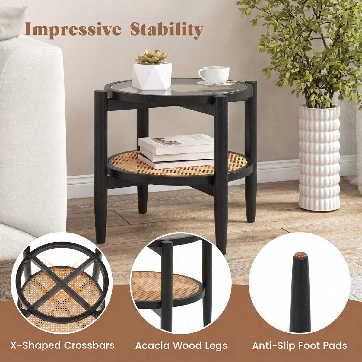 Rattan Round Side End Table with Tempered Glass Tabletop-Black-End & Side Tables-DECOROLALA