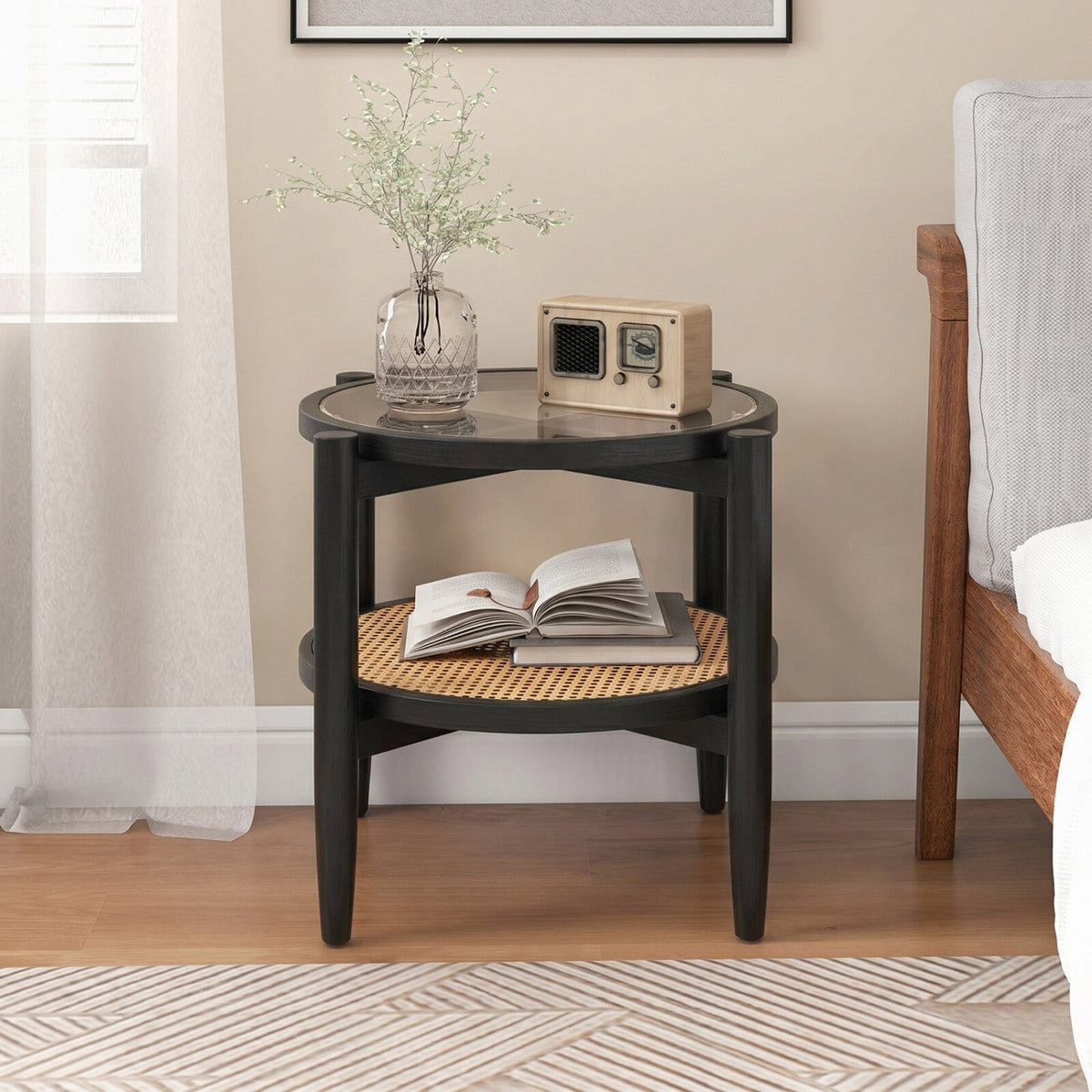 Rattan Round Side End Table with Tempered Glass Tabletop-Black-End & Side Tables-DECOROLALA