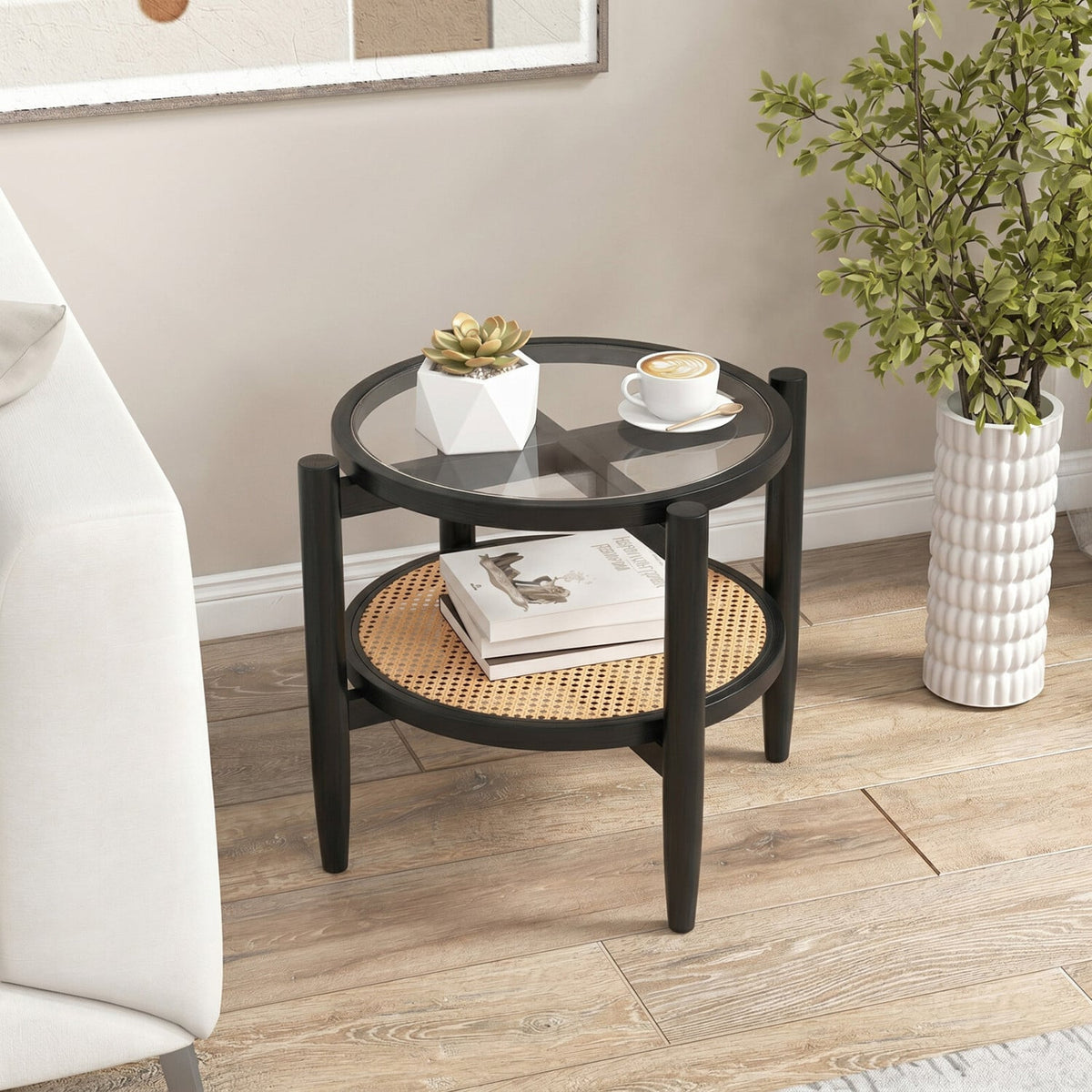 Rattan Round Side End Table with Tempered Glass Tabletop-Black-End & Side Tables-DECOROLALA
