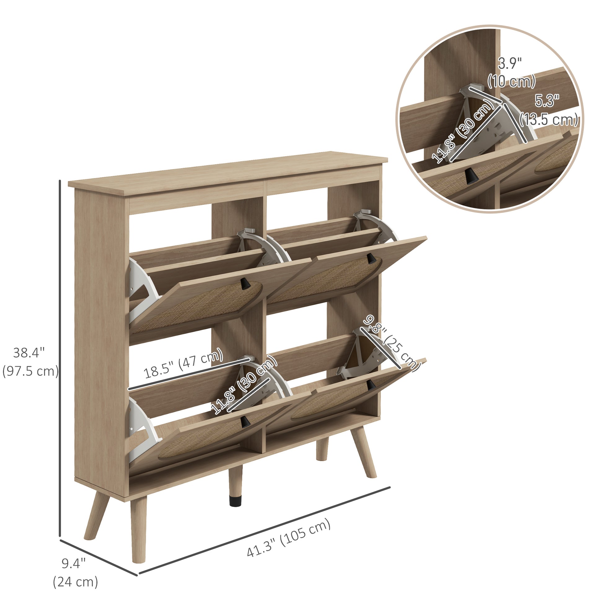 Rattan Shoe Cabinet - 4 Flip Drawers Oak 20 Pairs-DECOROLALA