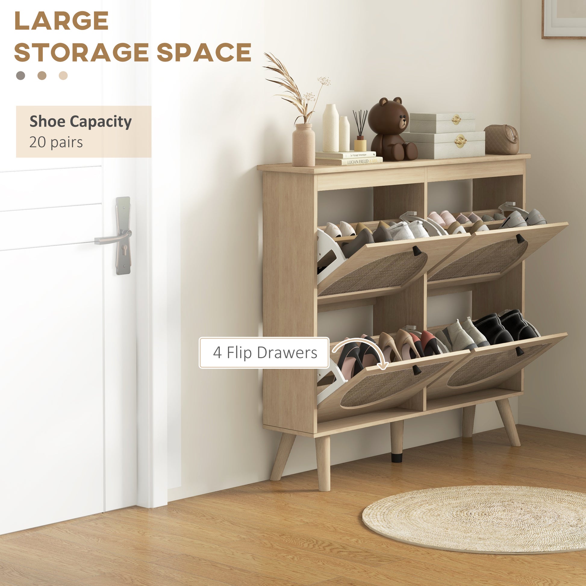 Rattan Shoe Cabinet - 4 Flip Drawers Oak 20 Pairs-DECOROLALA