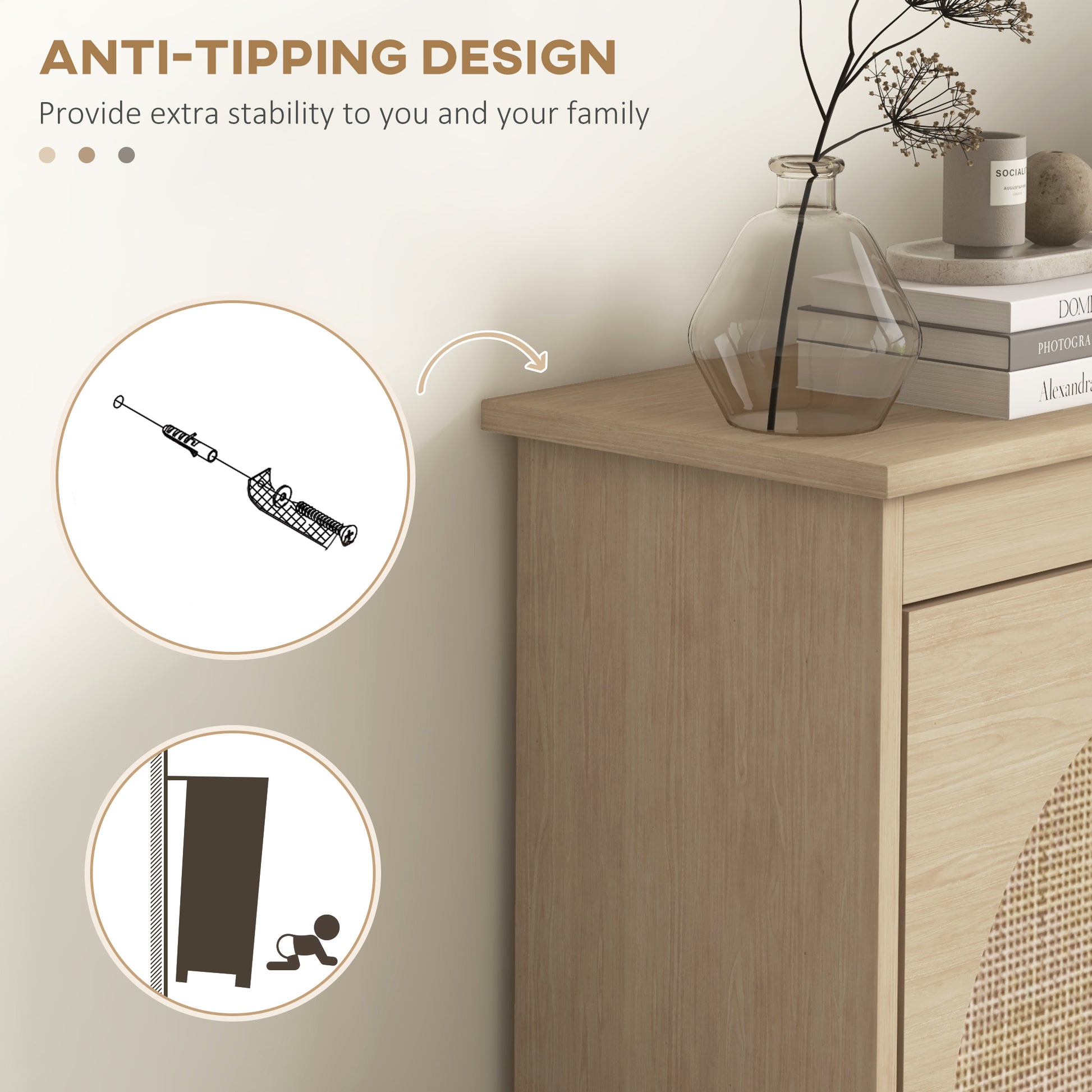 Rattan Shoe Cabinet - 4 Flip Drawers Oak 20 Pairs-DECOROLALA