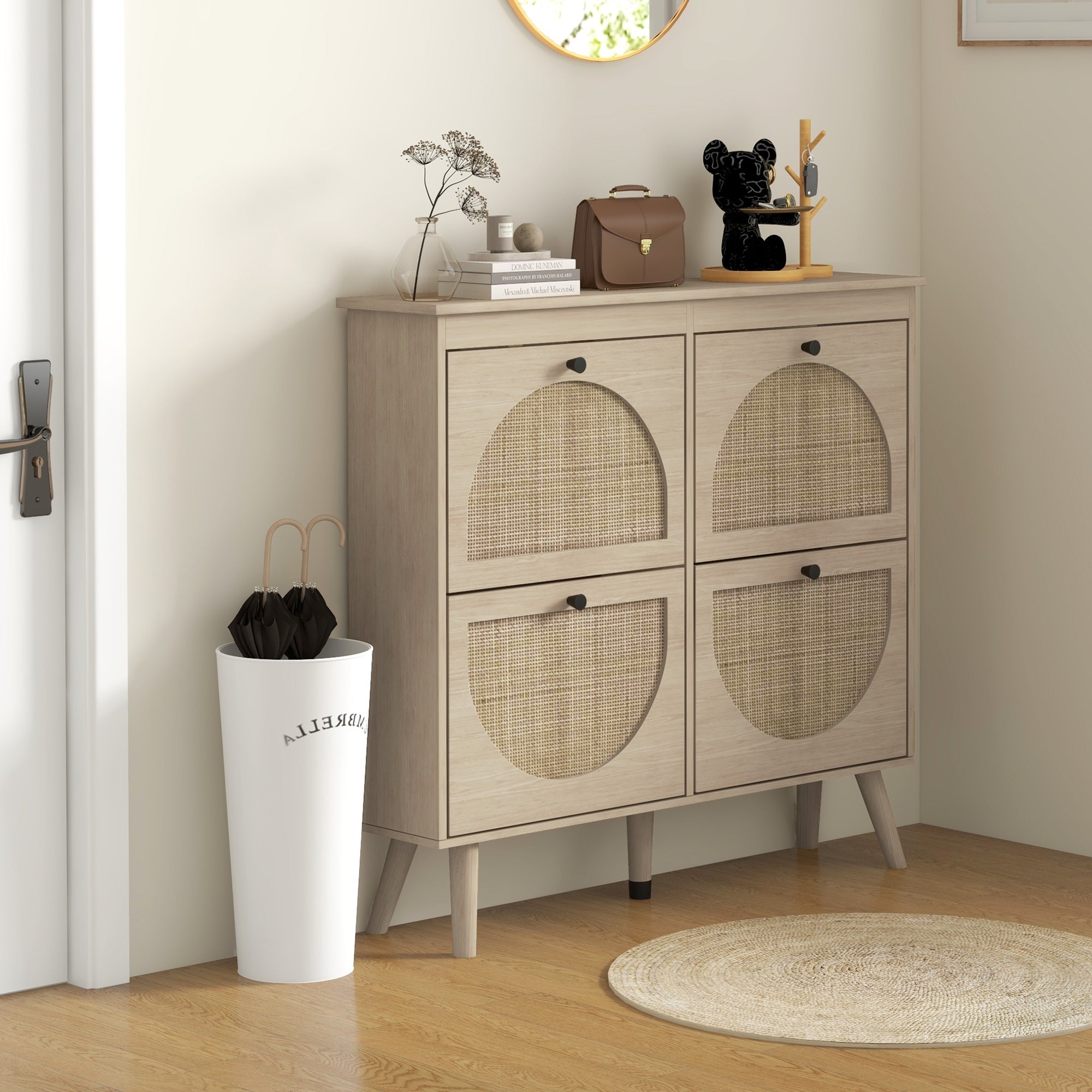 Rattan Shoe Cabinet - 4 Flip Drawers Oak 20 Pairs-DECOROLALA