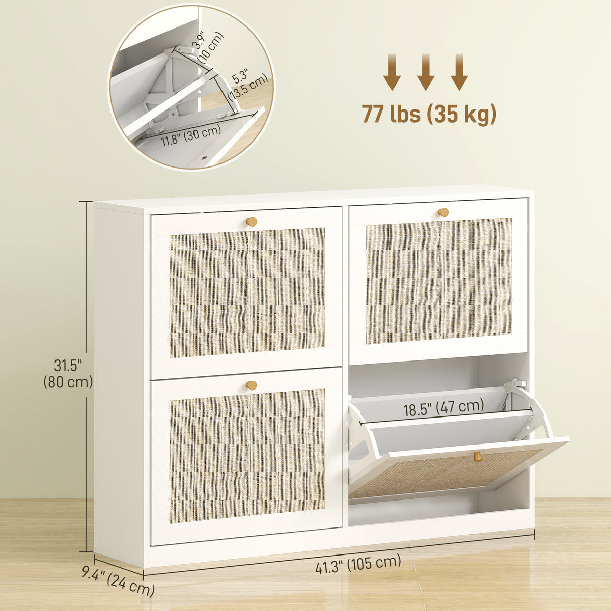 Rattan Shoe Cabinet - 4 Flip Drawers White Narrow Storage-Home Furnishings > Storage & Organization > Shoe Storage Cabinets & Racks-DECOROLALA