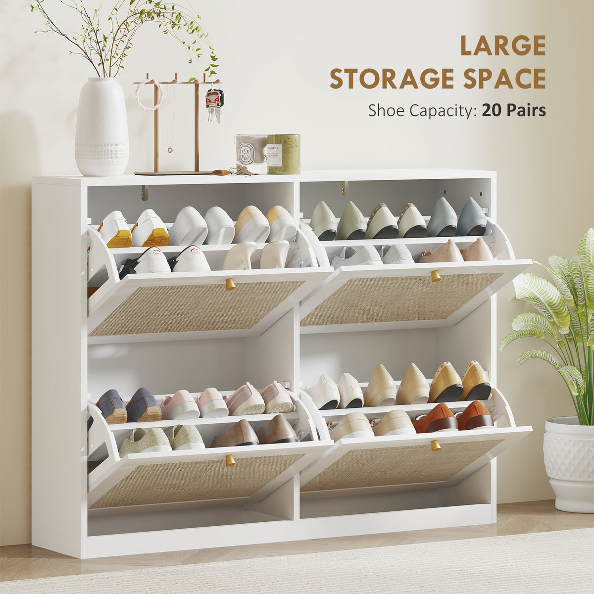 Rattan Shoe Cabinet - 4 Flip Drawers White Narrow Storage-Home Furnishings > Storage & Organization > Shoe Storage Cabinets & Racks-DECOROLALA