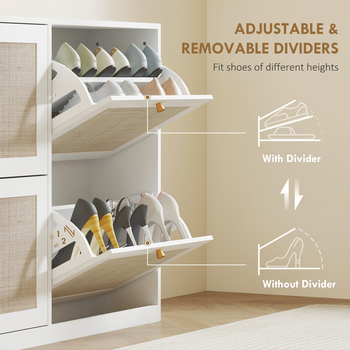 Rattan Shoe Cabinet - 4 Flip Drawers White Narrow Storage-Home Furnishings > Storage & Organization > Shoe Storage Cabinets & Racks-DECOROLALA