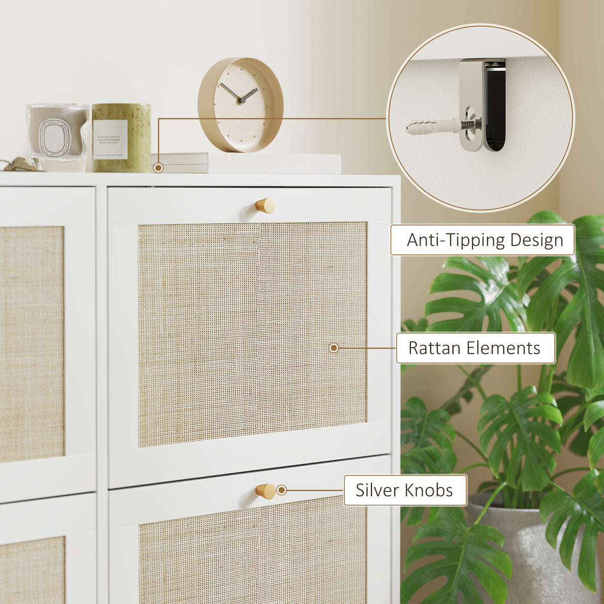 Rattan Shoe Cabinet - 4 Flip Drawers White Narrow Storage-Home Furnishings > Storage & Organization > Shoe Storage Cabinets & Racks-DECOROLALA