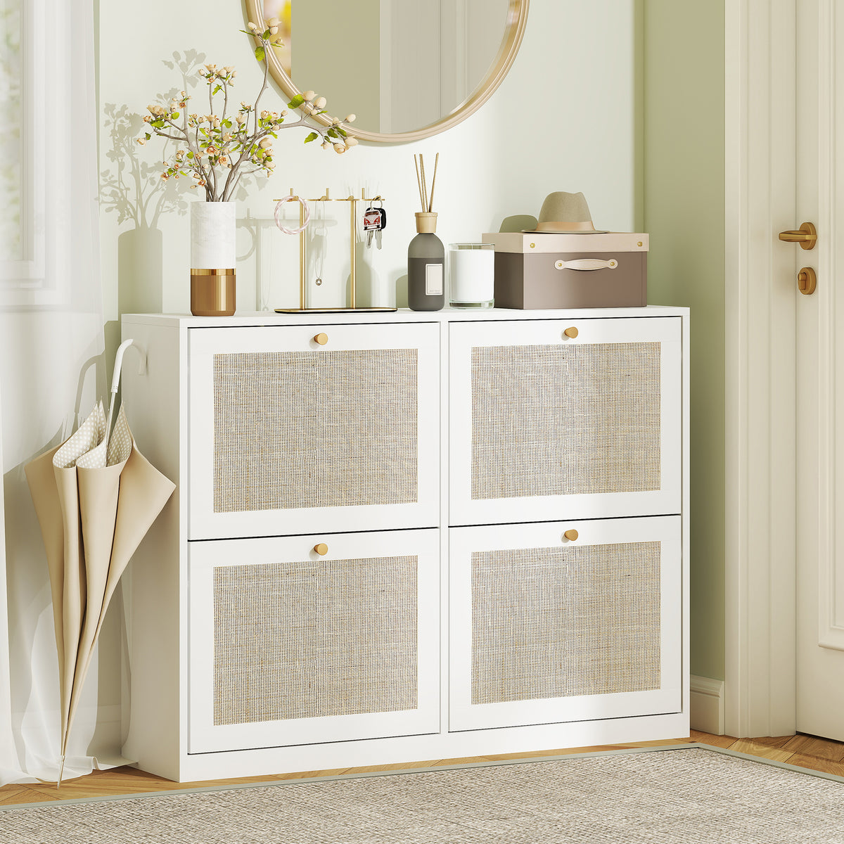 Rattan Shoe Cabinet - 4 Flip Drawers White Narrow Storage-Home Furnishings > Storage & Organization > Shoe Storage Cabinets & Racks-DECOROLALA