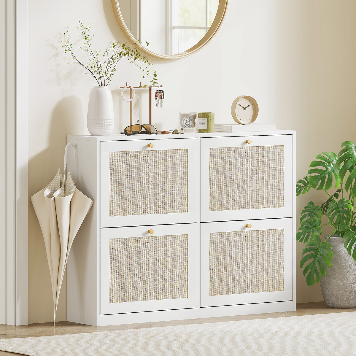 Rattan Shoe Cabinet - 4 Flip Drawers White Narrow Storage-Home Furnishings > Storage & Organization > Shoe Storage Cabinets & Racks-DECOROLALA