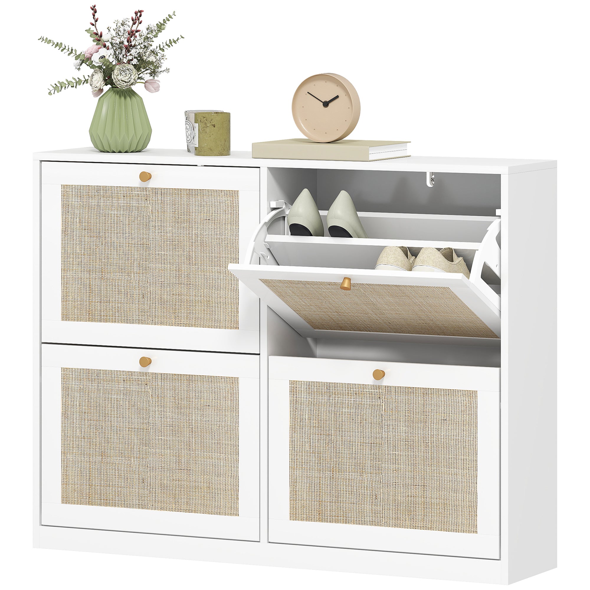 Rattan Shoe Cabinet - 4 Flip Drawers White Narrow Storage-Home Furnishings > Storage & Organization > Shoe Storage Cabinets & Racks-DECOROLALA