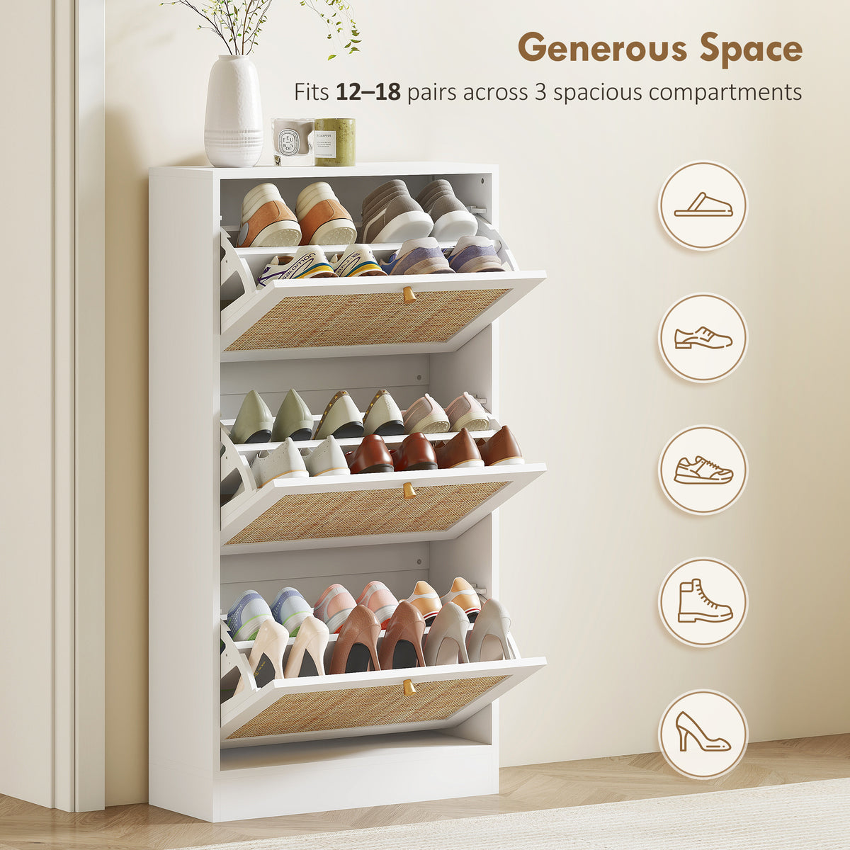 Rattan Shoe Storage Cabinet - 3 Flip Drawers White-Home Furnishings > Storage & Organization > Shoe Storage Cabinets & Racks-DECOROLALA