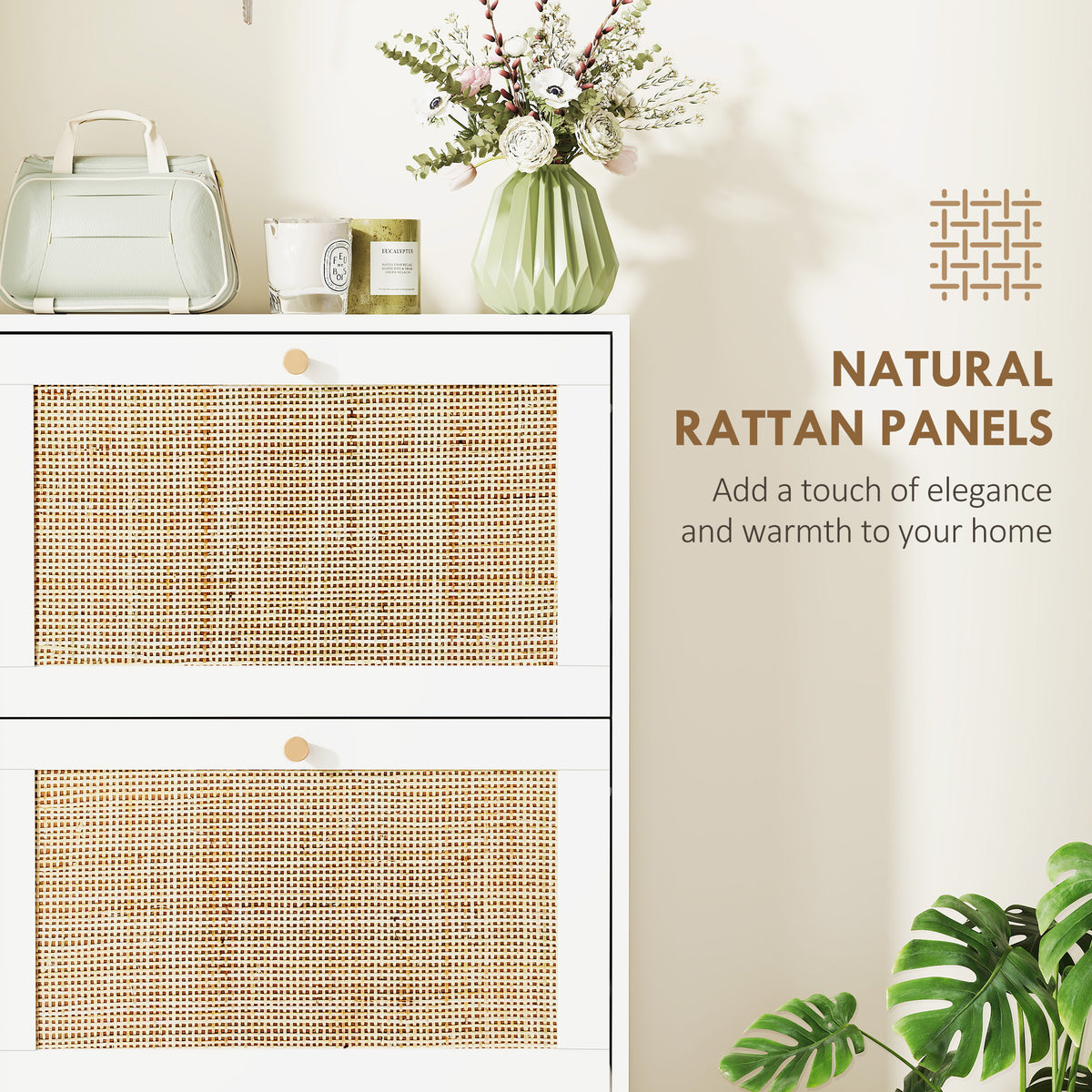 Rattan Shoe Storage Cabinet - 3 Flip Drawers White-Home Furnishings > Storage & Organization > Shoe Storage Cabinets & Racks-DECOROLALA