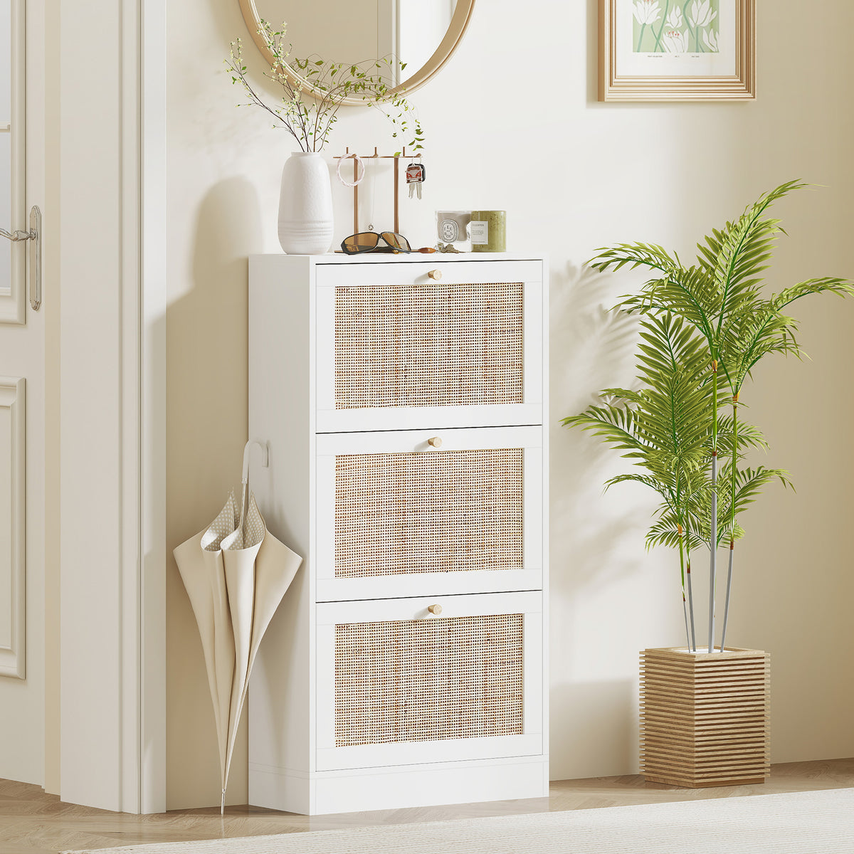 Rattan Shoe Storage Cabinet - 3 Flip Drawers White-Home Furnishings > Storage & Organization > Shoe Storage Cabinets & Racks-DECOROLALA