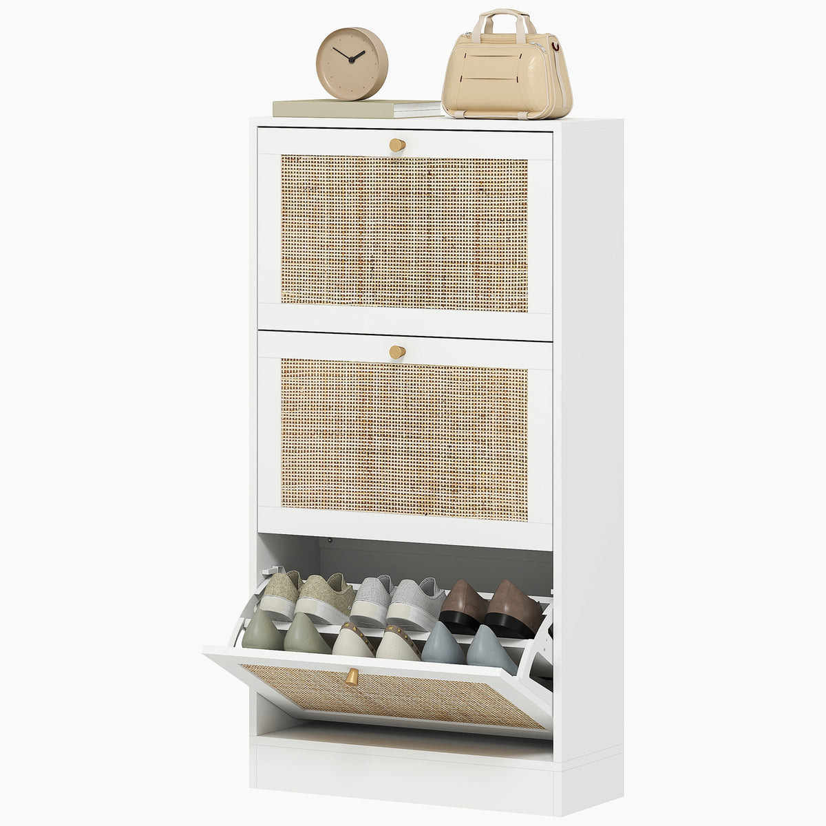 Rattan Shoe Storage Cabinet - 3 Flip Drawers White-Home Furnishings > Storage & Organization > Shoe Storage Cabinets & Racks-DECOROLALA
