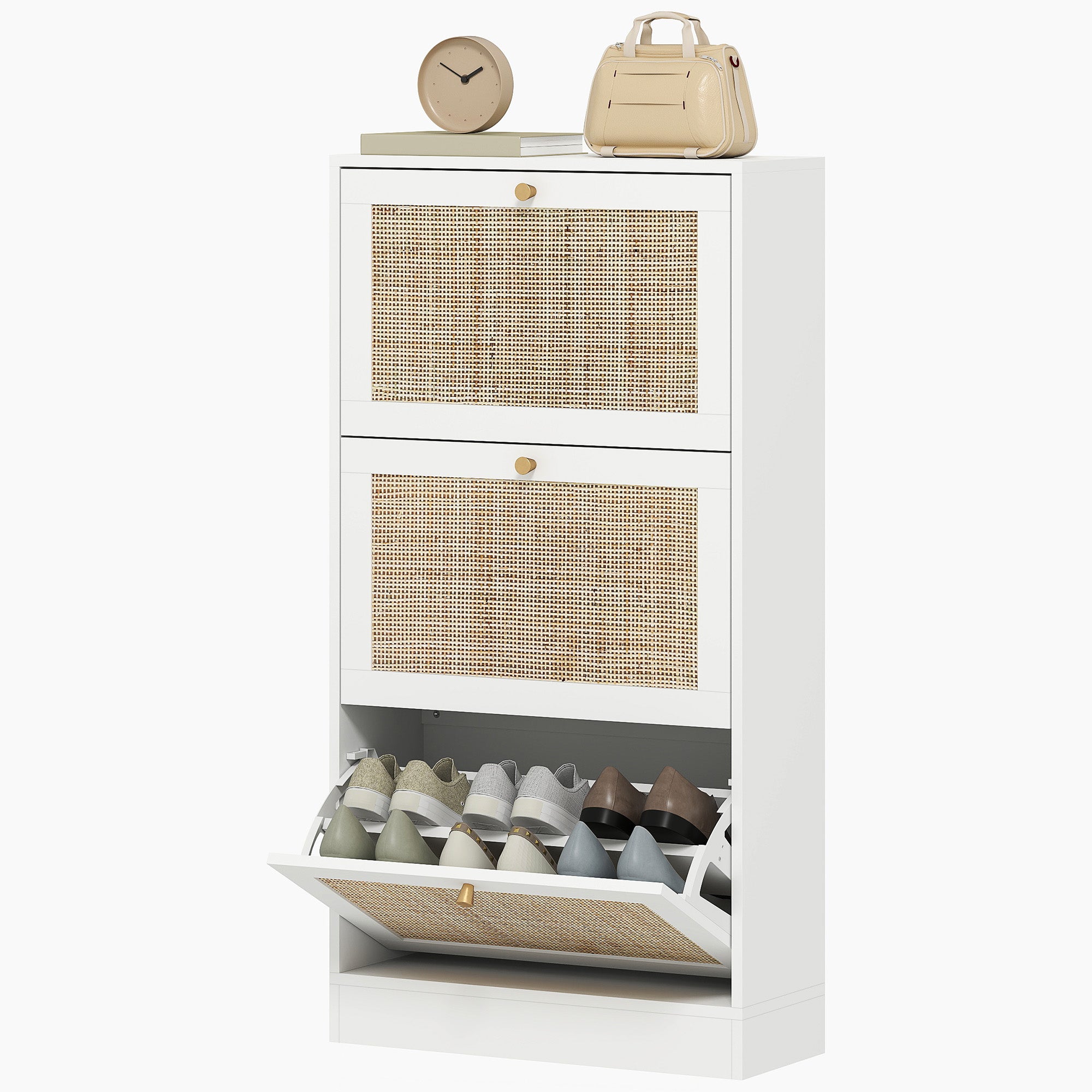 Rattan Shoe Storage Cabinet - 3 Flip Drawers White-Home Furnishings > Storage & Organization > Shoe Storage Cabinets & Racks-DECOROLALA