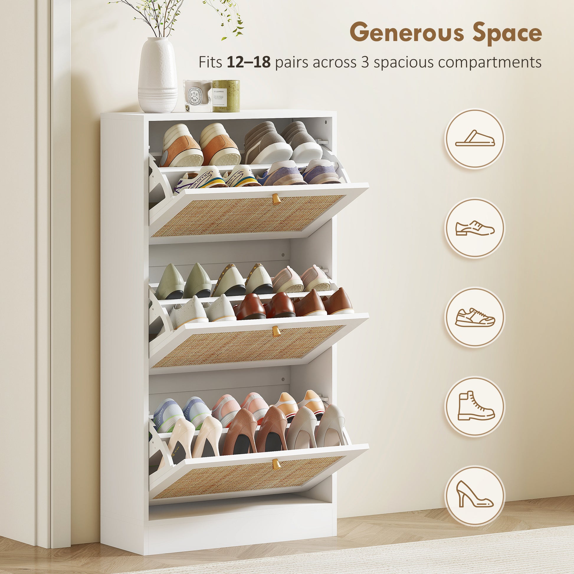 Rattan Shoe Storage Cabinet with 3 Flip Drawers and Adjustable Shelves, Entryway Shoe Cabinet for 18 Pairs, White-Home Furnishings > Storage & Organization > Shoe Storage Cabinets & Racks-DECOROLALA