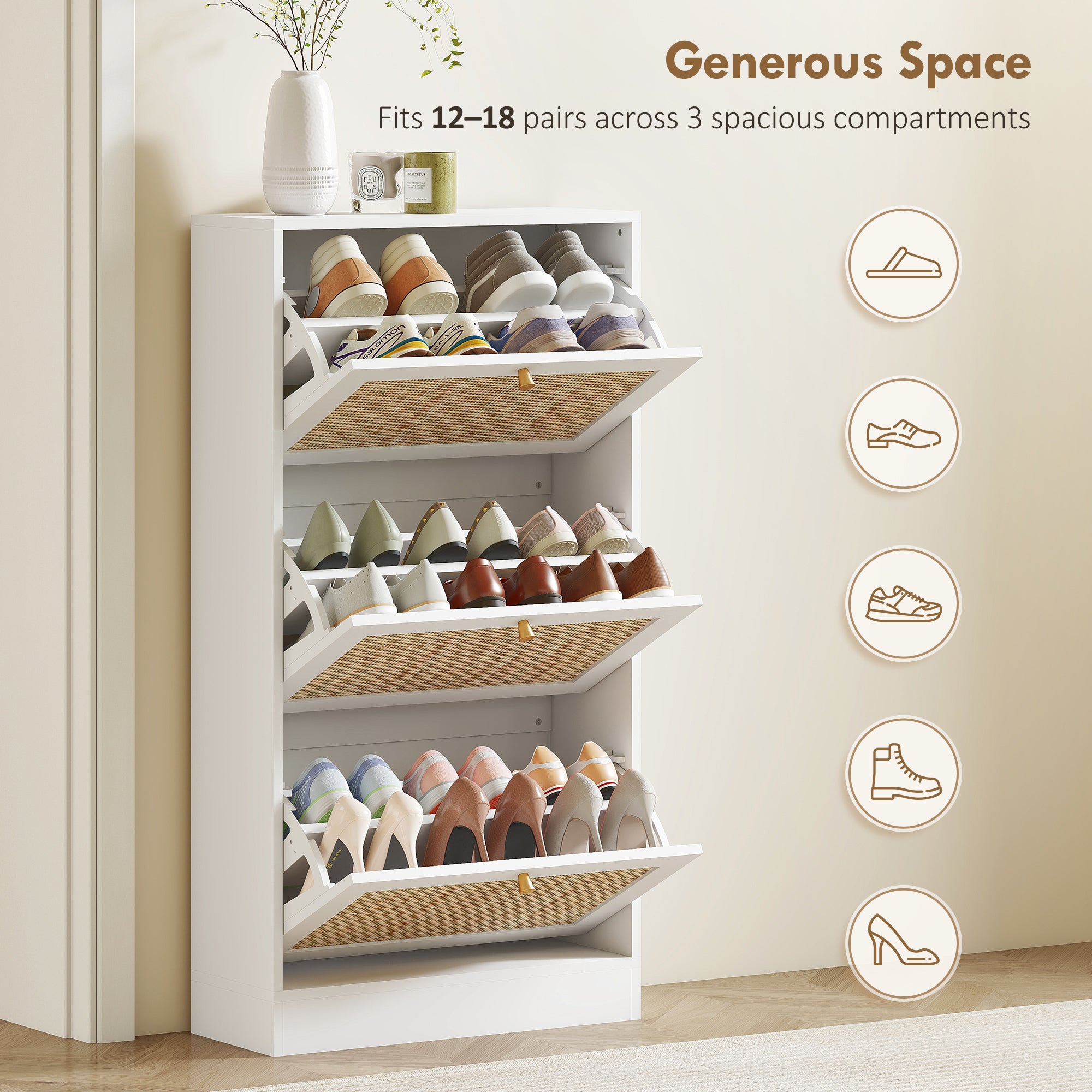 Rattan Shoe Storage Cabinet with 3 Flip Drawers and Adjustable Shelves, Entryway Shoe Cabinet for 18 Pairs, White-Home Furnishings > Storage & Organization > Shoe Storage Cabinets & Racks-DECOROLALA