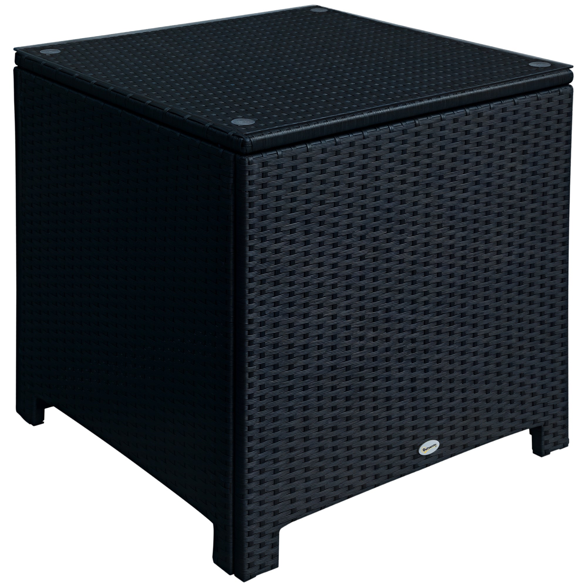 Rattan Side Table Wicker Coffee Table with Glass Top Outdoor Patio Furniture For Patio Poolside Garden Lawn, Black-Patio & Garden > Patio Furniture > Patio Side Tables-DECOROLALA