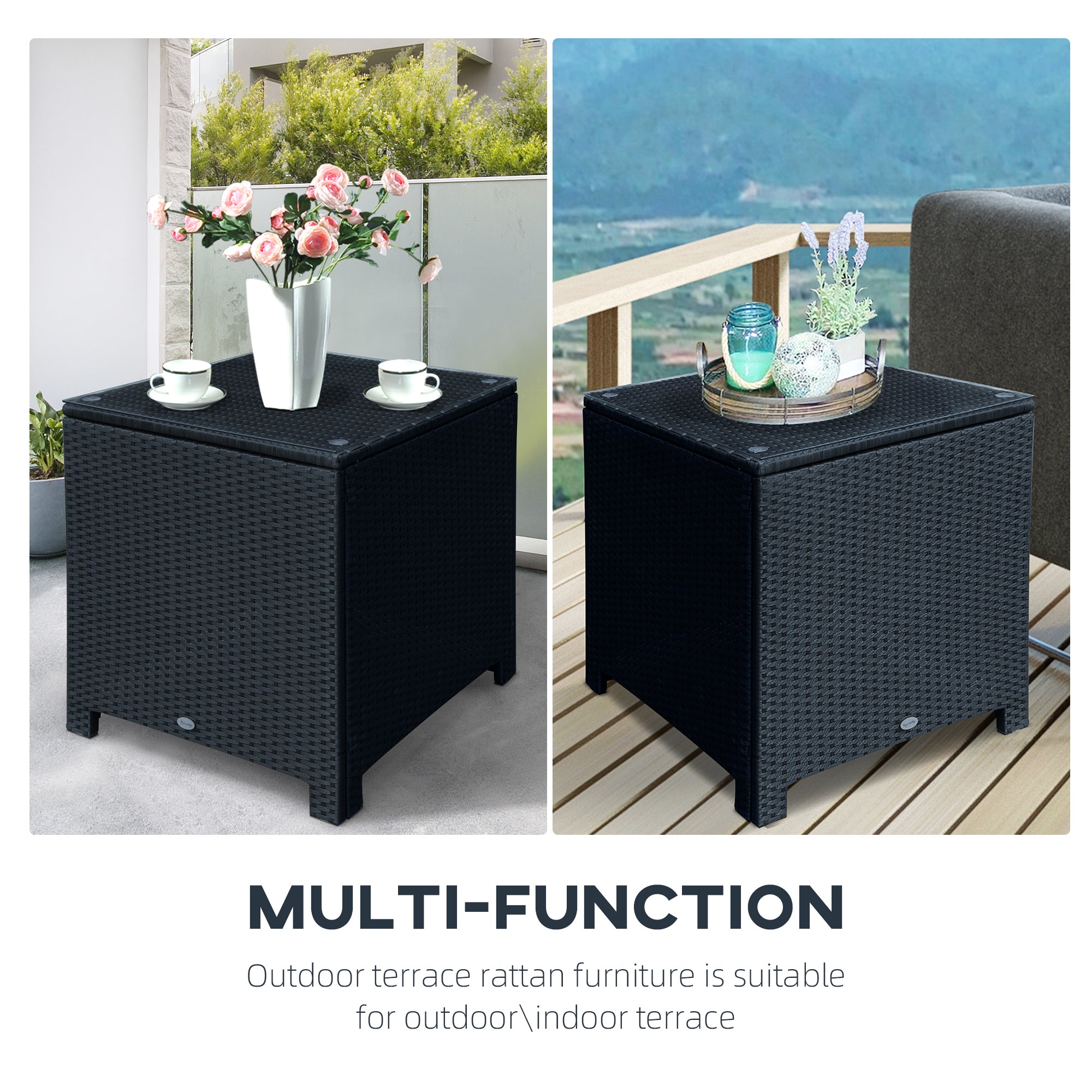 Rattan Side Table with Tempered Glass Top - Black 25" Square-Patio & Garden > Patio Furniture > Patio Side Tables-DECOROLALA