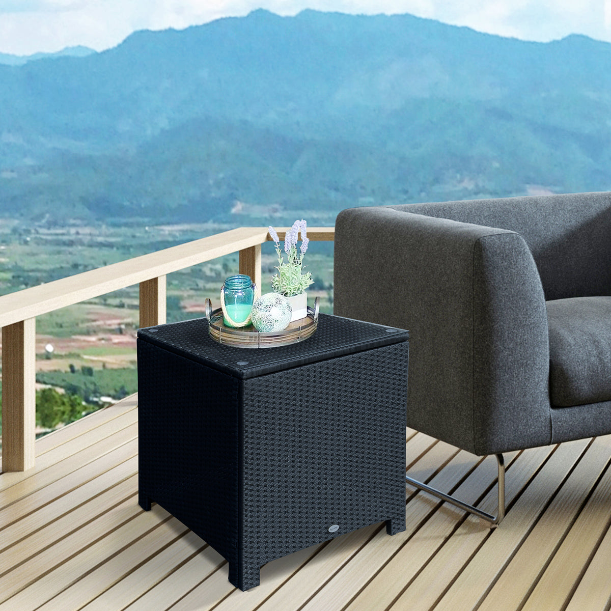 Rattan Side Table with Tempered Glass Top - Black 25" Square-Patio & Garden > Patio Furniture > Patio Side Tables-DECOROLALA