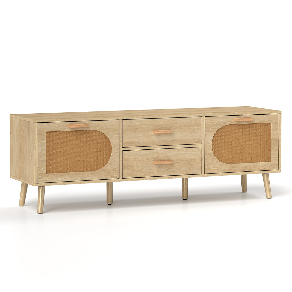 Rattan TV Stand for 65-Inch TV with Drawers and Solid Wood Legs-Natural-Entertainment Centers & TV Stands-DECOROLALA