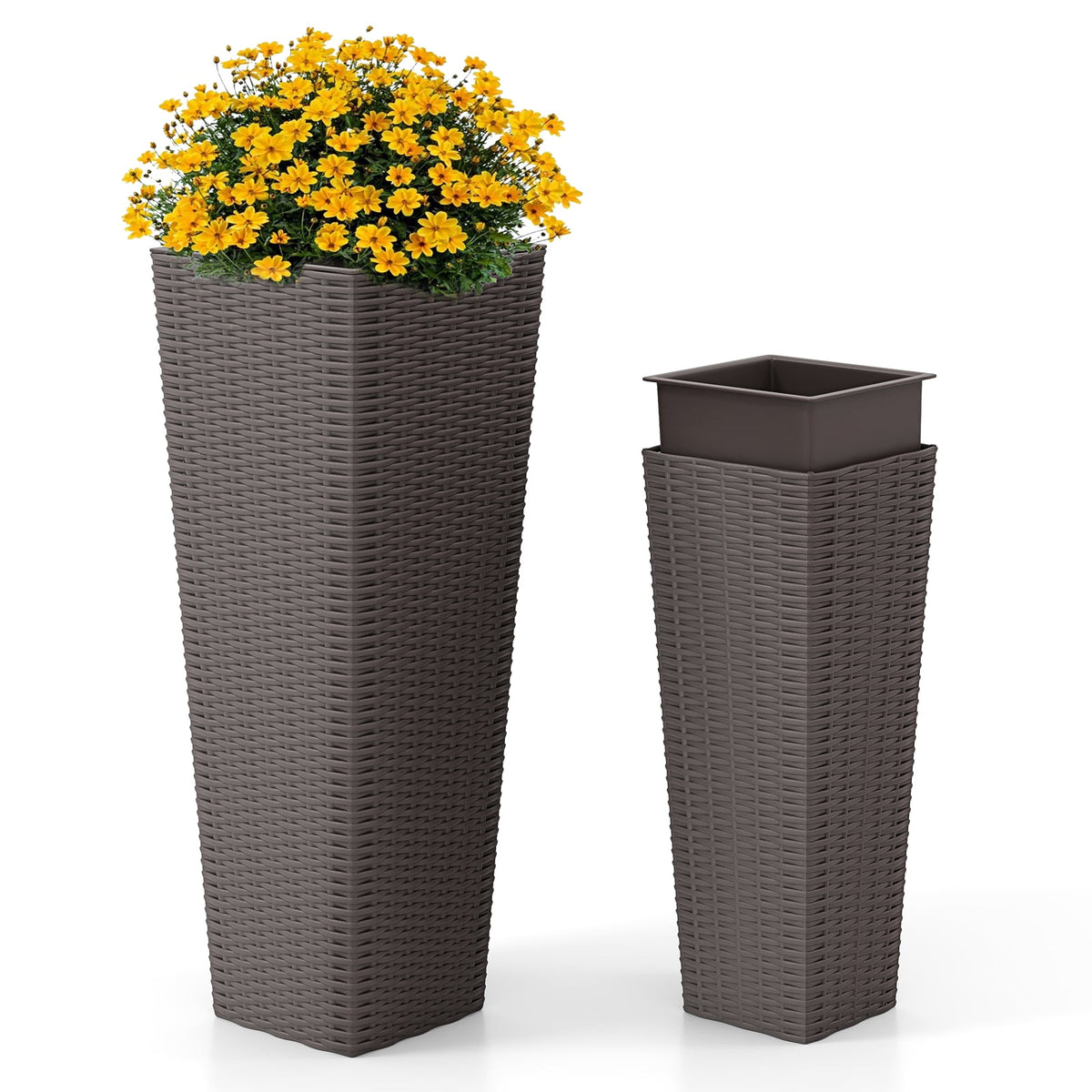 Rattan Tall Planter Set of 2 Outdoor Large Tapered Planters with Removable Inner Trays-Brown-Artificial Plants-DECOROLALA