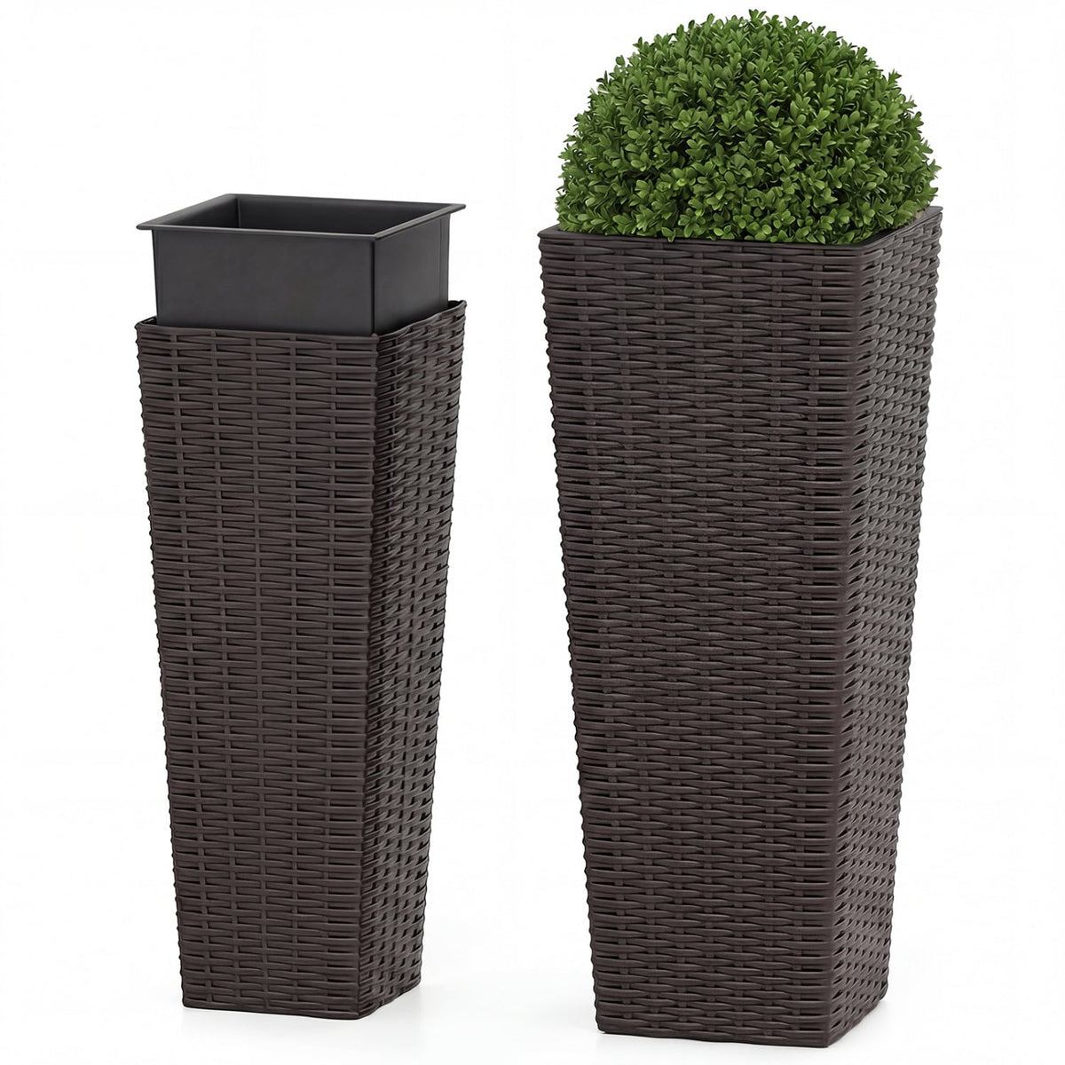 Rattan Tall Planter Set of 2 Outdoor Large Tapered Planters with Removable Inner Trays-Brown-Artificial Plants-DECOROLALA