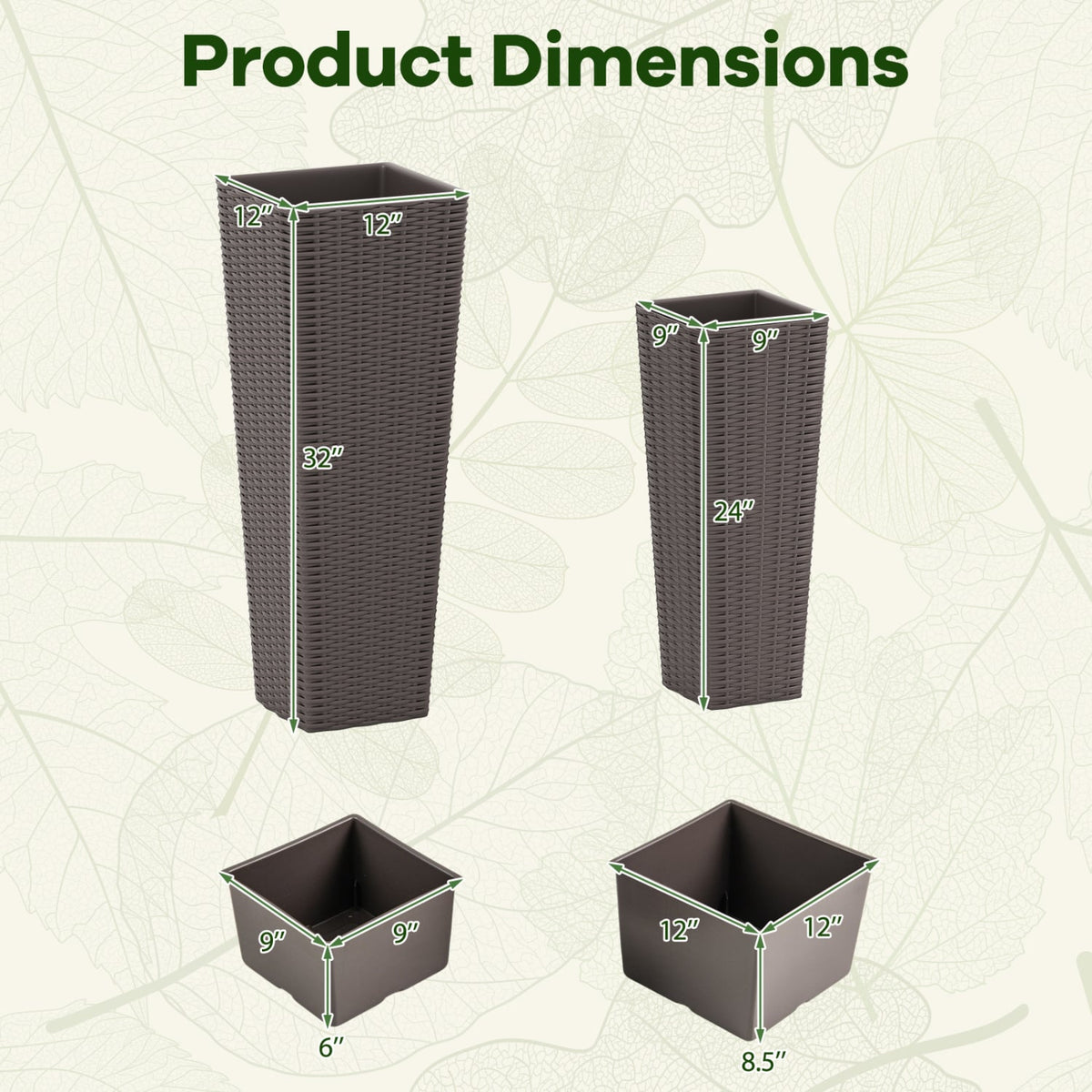 Rattan Tall Planter Set of 2 Outdoor Large Tapered Planters with Removable Inner Trays-Brown-Artificial Plants-DECOROLALA