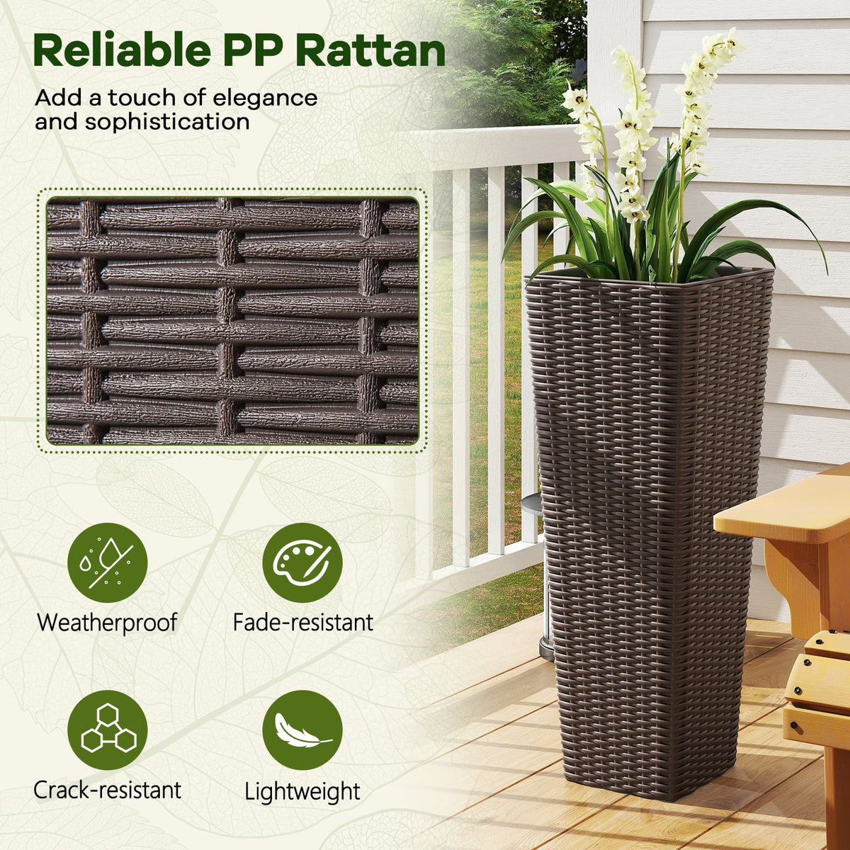 Rattan Tall Planter Set of 2 Outdoor Large Tapered Planters with Removable Inner Trays-Brown-Artificial Plants-DECOROLALA