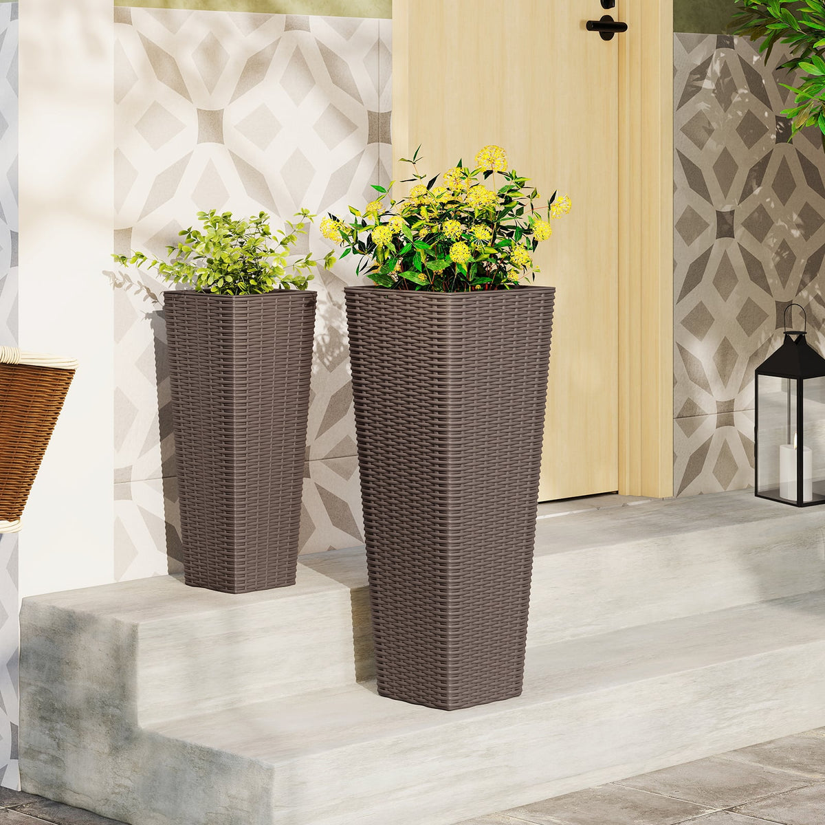Rattan Tall Planter Set of 2 Outdoor Large Tapered Planters with Removable Inner Trays-Brown-Artificial Plants-DECOROLALA