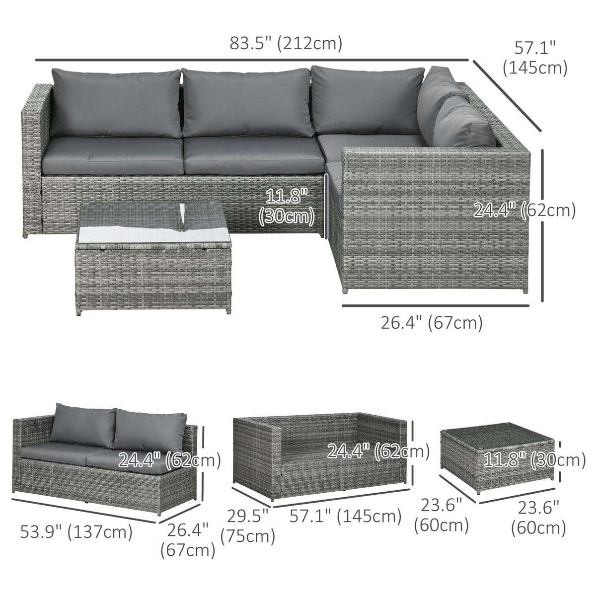 Rattan Wicker Outdoor Furniture Set - Grey, 3 Pieces w/ Loveseats & Table-Patio Furniture Sets-DECOROLALA